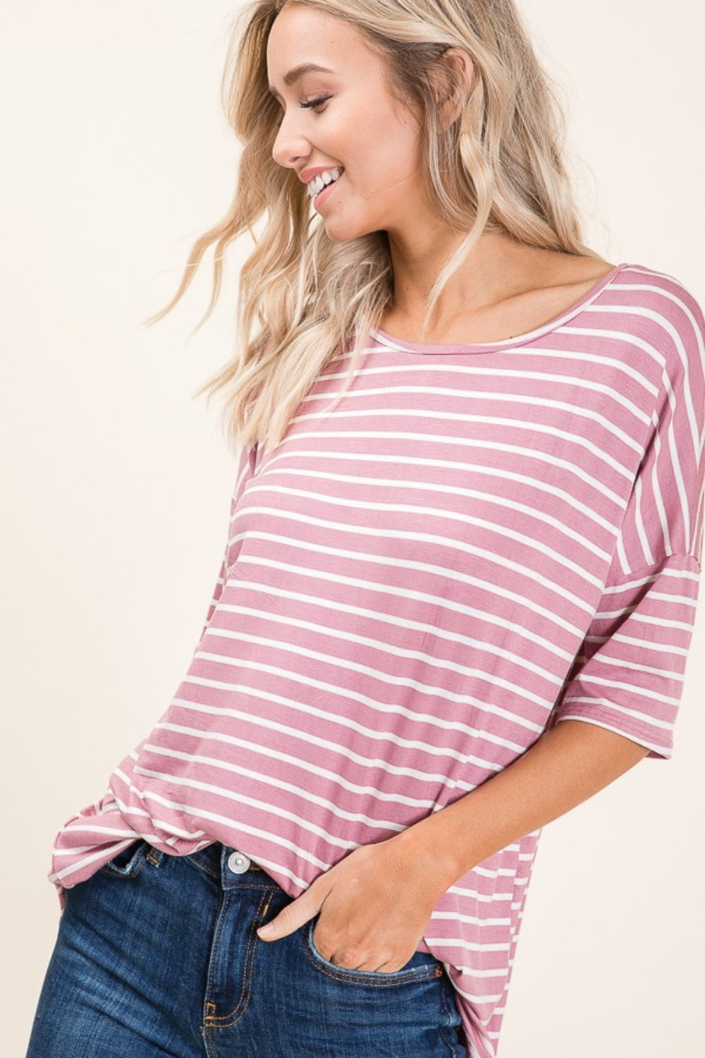 BOMBOM Striped Round Neck Half Sleeve T-Shirt Apparel/Tops BOMBOM Ship from USA TikTok Tops Trendsi USPS Walmart Walmart Apparel Trendsi https://www.cyberehub.com