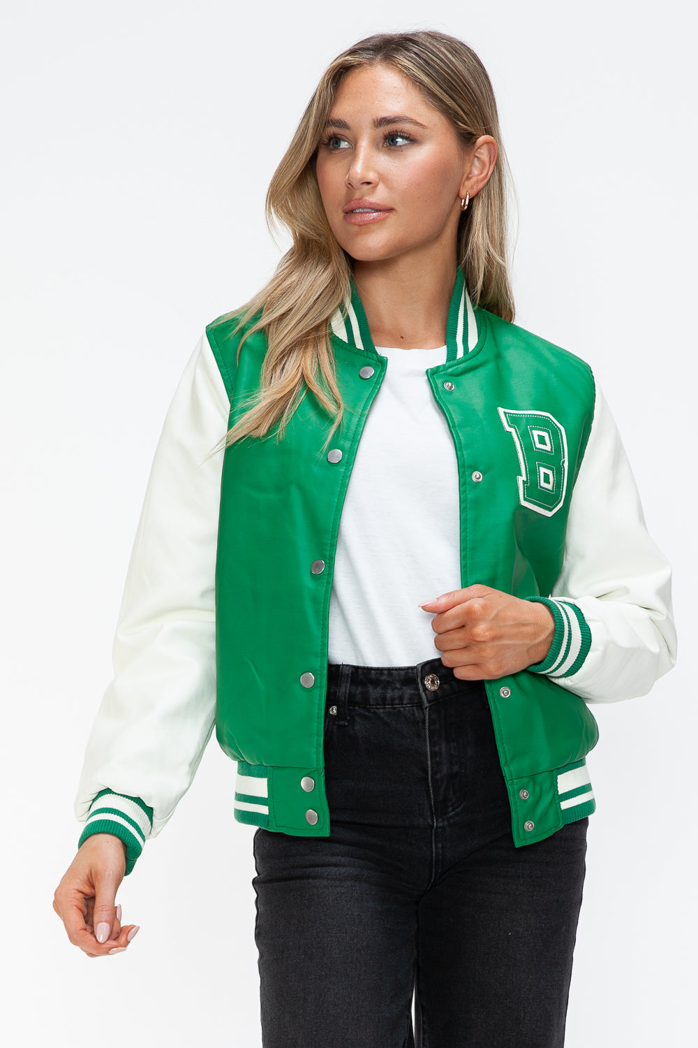Love Me Now PU Leather Contrast Snap Down Bomber Jacket Tops/Jackets/Sweaters Clothing Tops Love Me Now Ship from USA TikTok Trendsi USPS Walmart Trendsi https://www.cyberehub.com