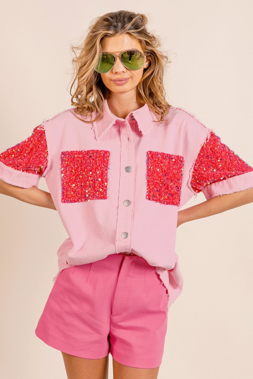 BiBi Sequin Detail Raw Hem Short Sleeve Shirt Apparel/Tops BiBi Ship from USA TikTok Tops Trendsi USPS Walmart Walmart Apparel Trendsi https://www.cyberehub.com