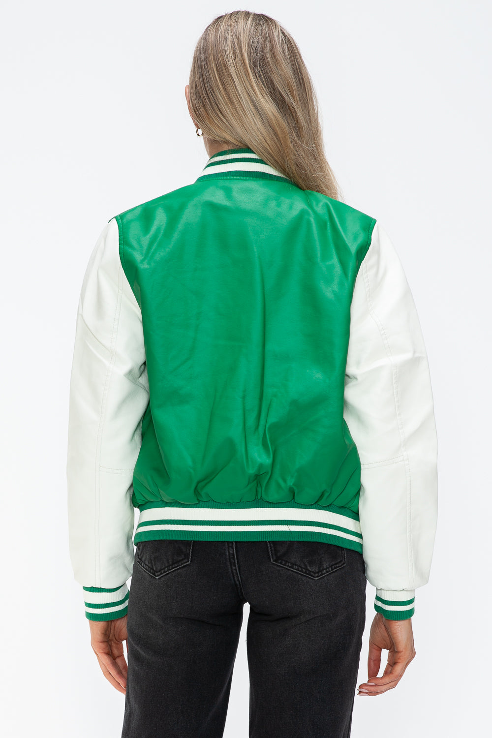 Love Me Now PU Leather Contrast Snap Down Bomber Jacket Tops/Jackets/Sweaters Clothing Tops Love Me Now Ship from USA TikTok Trendsi USPS Walmart Trendsi https://www.cyberehub.com