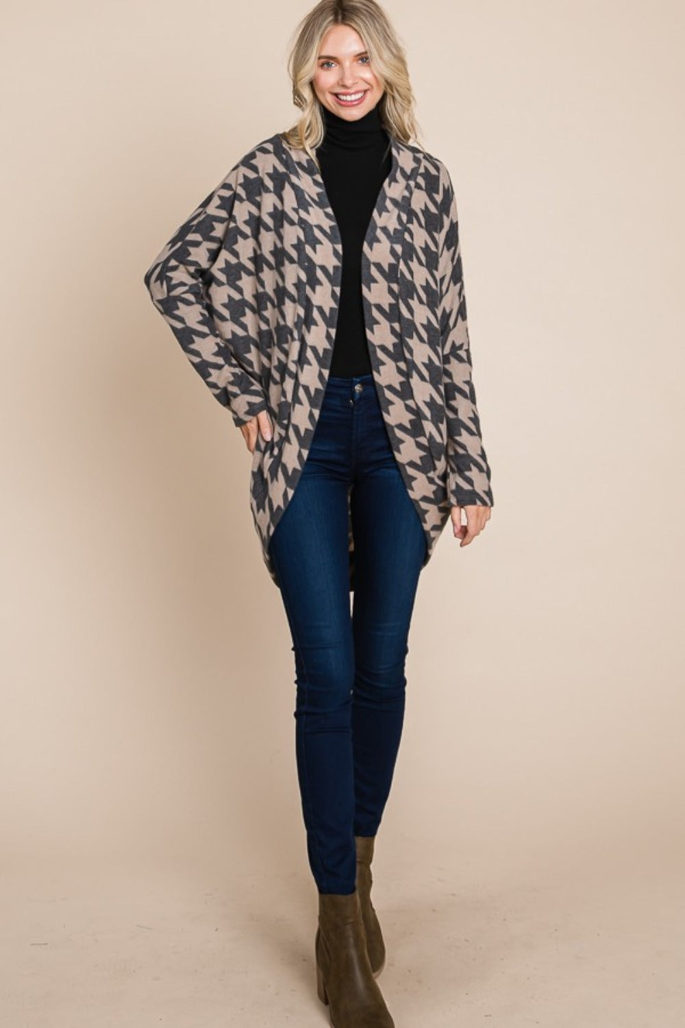 BOMBOM Houndstooth Open Front Cocoon Knit Cardigan Shirt Apparel BOMBOM Clothing Tops Ship from USA Shirts USA Women Trendsi https://www.cyberehub.com