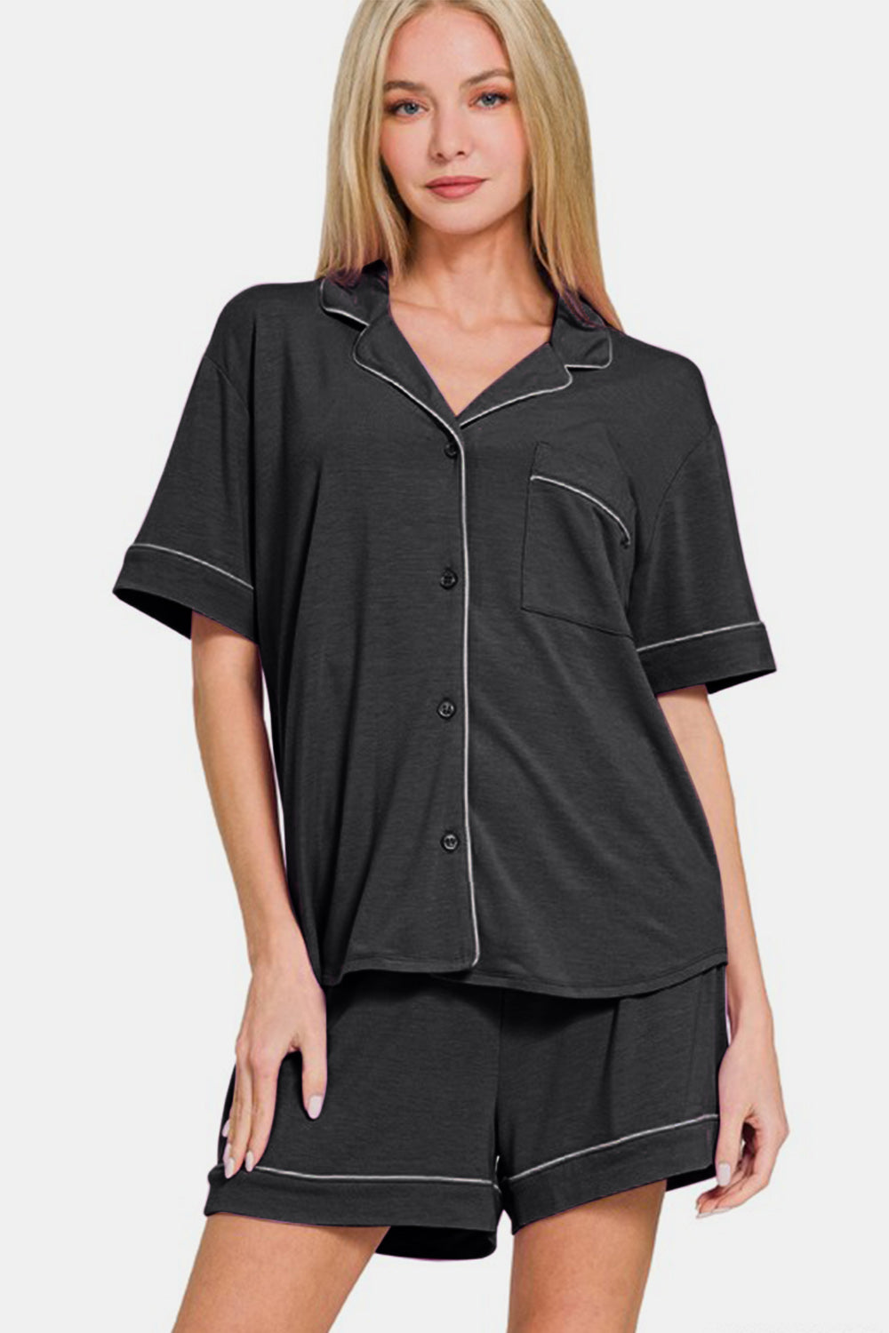 Zenana Button Down Short Sleeve Top and Shorts Lounge Set Apparel Apparel Ship from USA TikTok Trendsi Zenana Trendsi https://www.cyberehub.com