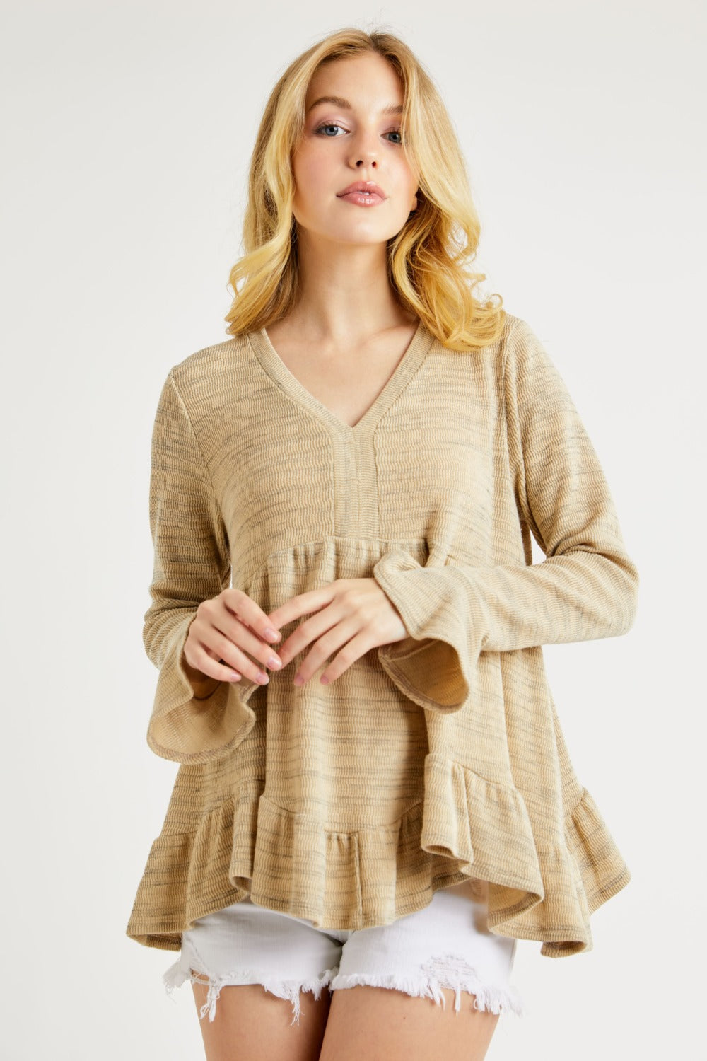 Hailey & Co V-Neck Flounce Sleeve Knit Top Shirt Apparel Clothing Tops Hailey & Co Ship from USA Shirts USA Women Trendsi https://www.cyberehub.com