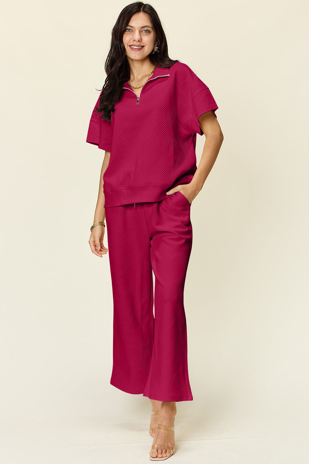 Double Take Full Size Texture Half Zip Short Sleeve Top and Pants Set Hot Pink Apparel/Tops Double Take Ship from USA TikTok Tops Trendsi USPS Walmart Walmart Apparel Trendsi https://www.cyberehub.com
