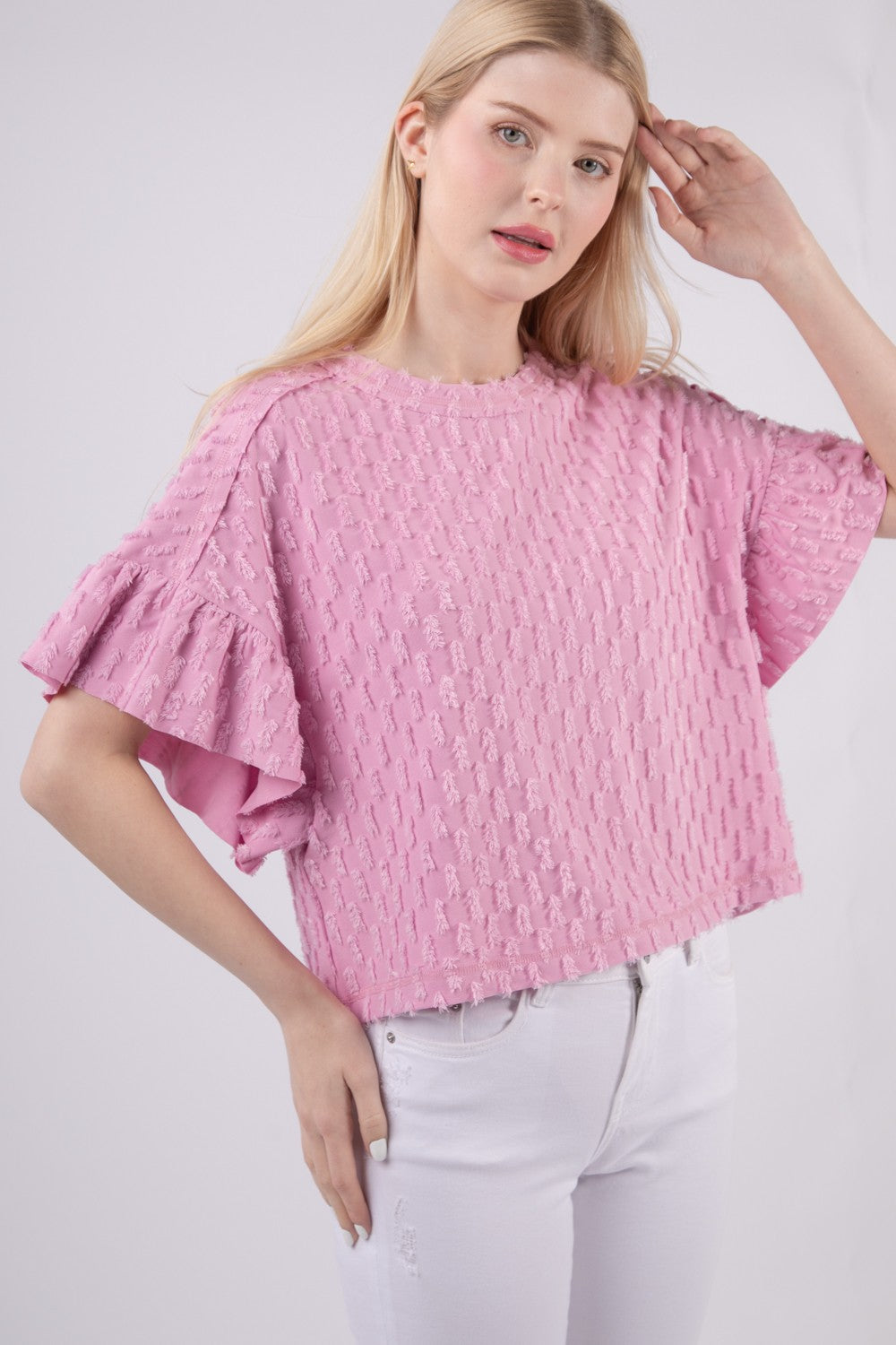 VERY J Full Size Texture Ruffle Short Sleeve Top Apparel/Tops Ship from USA TikTok Tops Trendsi USPS VERY J Walmart Walmart Apparel Trendsi https://www.cyberehub.com