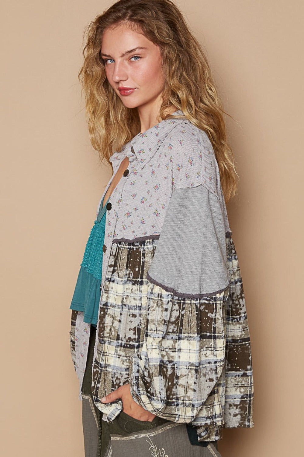 POL Balloon Sleeve Floral Color Block Plaid Shirt Tops/Jackets/Sweaters Clothing Tops POL Ship from USA TikTok Trendsi USPS Walmart Trendsi https://www.cyberehub.com