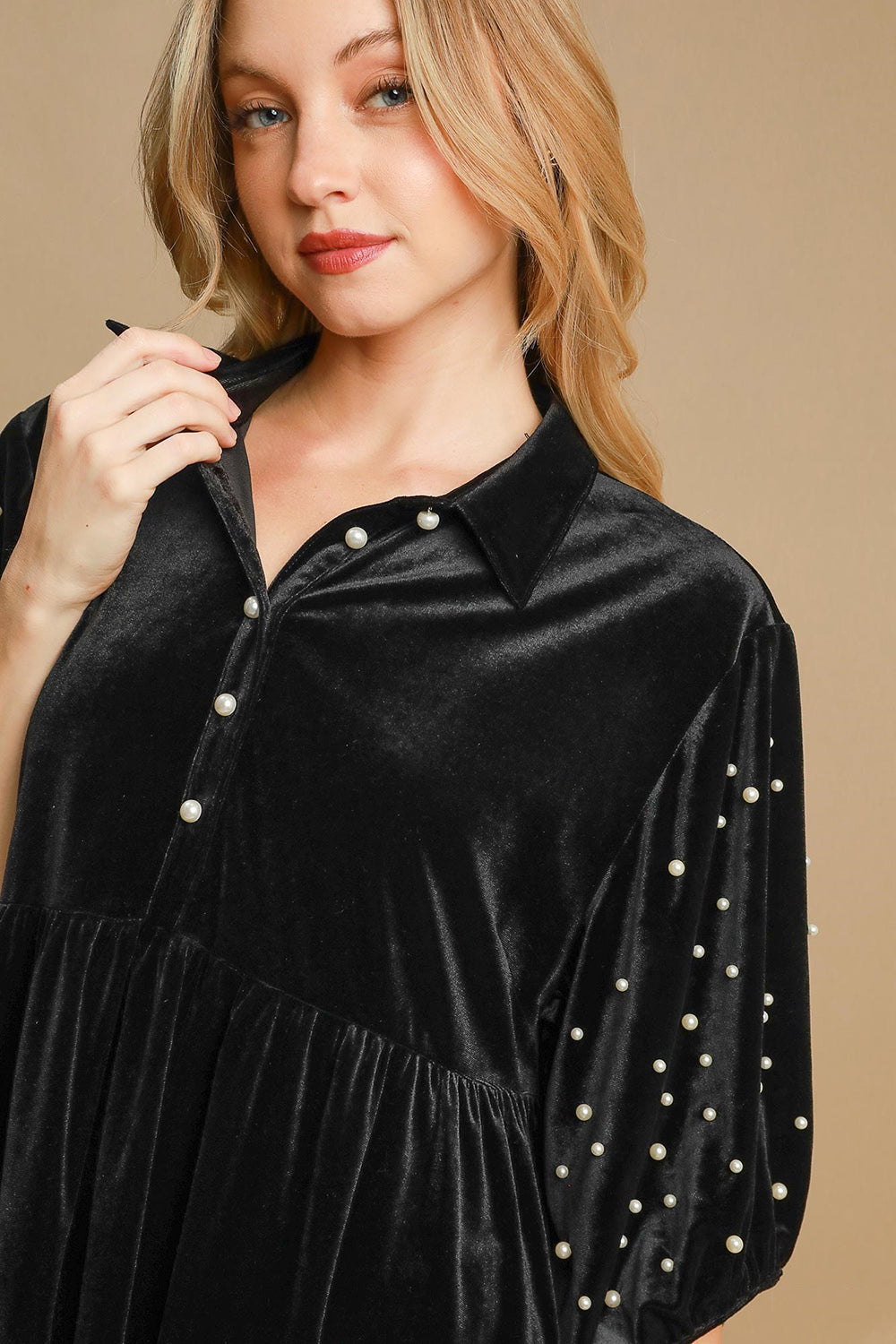 Umgee Pearl Detail Half Sleeve Velvet Babydoll Blouse Apparel/Tops Ship from USA TikTok Tops Trendsi Umgee USA USPS Walmart Walmart Apparel Trendsi https://www.cyberehub.com