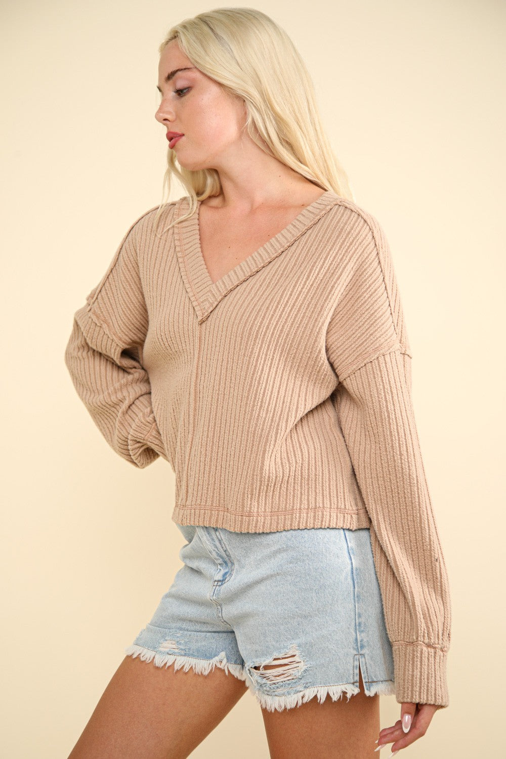 VERY J Exposed Seam V-Neck Ribbed Knit Top Shirt Apparel Clothing Tops Ship from USA Shirts USA VERY J Women Trendsi https://www.cyberehub.com