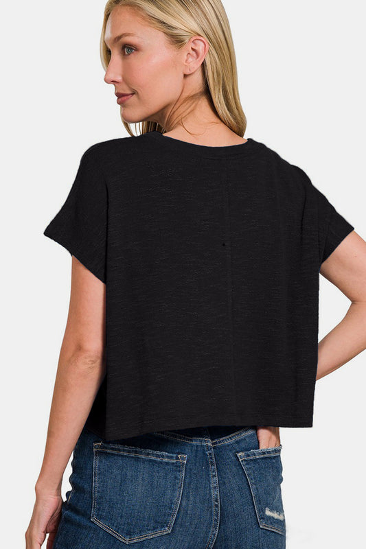 Zenana Round Neck Short Sleeve Crop T-Shirt Apparel/Tops Ship from USA TikTok Tops Trendsi USPS Walmart Walmart Apparel Zenana Trendsi https://www.cyberehub.com