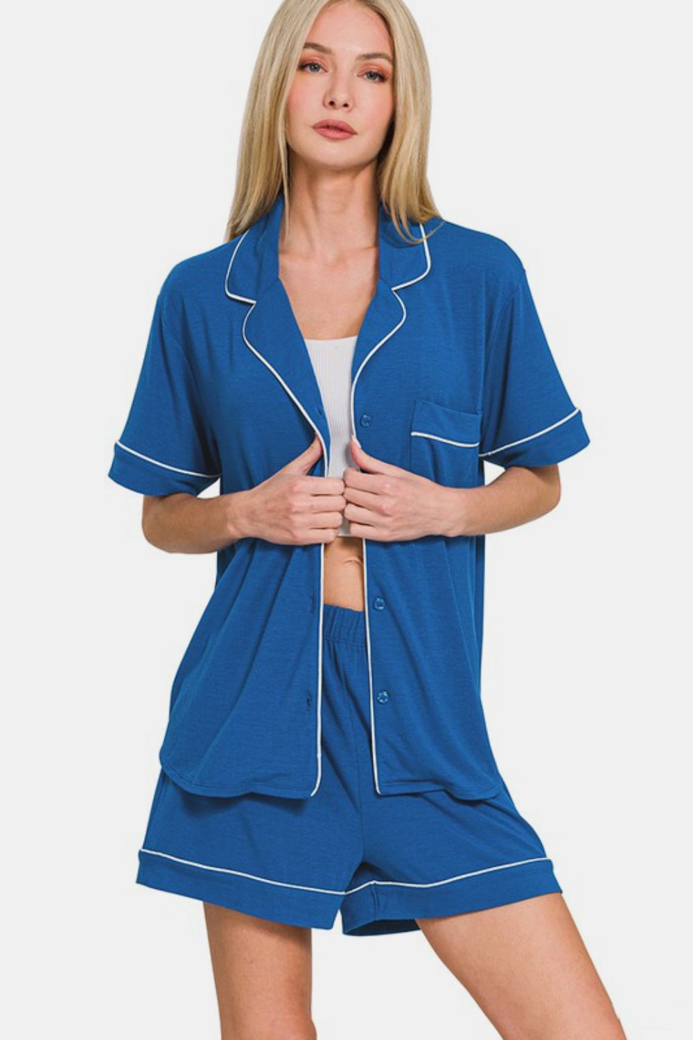 Zenana Button Down Short Sleeve Top and Shorts Lounge Set Apparel Apparel Ship from USA TikTok Trendsi Zenana Trendsi https://www.cyberehub.com
