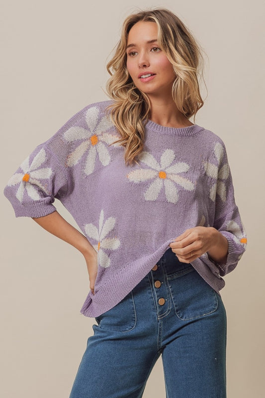 BiBi Floral Pattern Slit Sweater Shirt Apparel BiBi Clothing Tops Ship from USA Shirts USA Women Trendsi https://www.cyberehub.com
