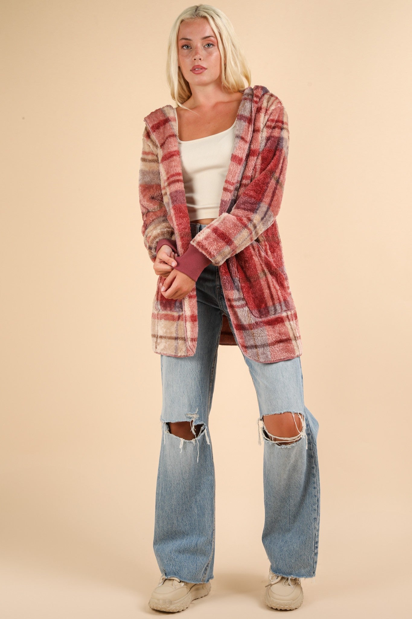 VERY J Fuzzy Plaid Long Sleeve Hooded Jacket Tops/Jackets/Sweaters Clothing Tops Ship from USA TikTok Trendsi USPS VERY J Walmart Trendsi https://www.cyberehub.com