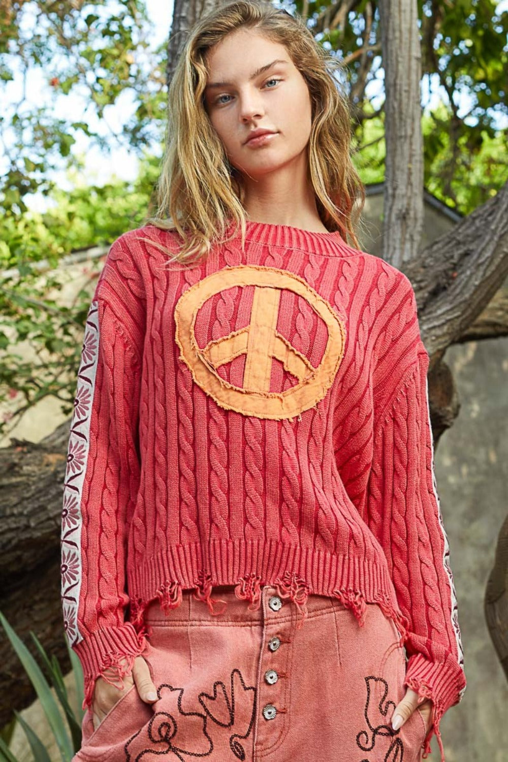 POL Washed Peace Patch Cable Knit Sweater Shirt Apparel Clothing Tops POL Ship from USA Shirts USA Women Trendsi https://www.cyberehub.com