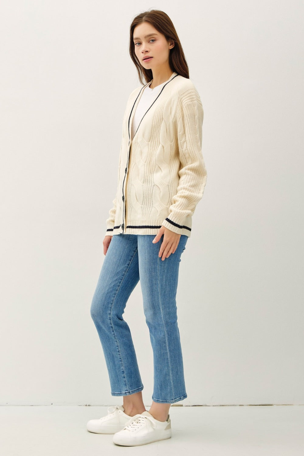 Be Cool Contrast Trim Cable-Knit V-Neck Cardigan Tops/Jackets/Sweaters BE COOL Clothing Tops Ship from USA TikTok Trendsi USPS Walmart Trendsi https://www.cyberehub.com