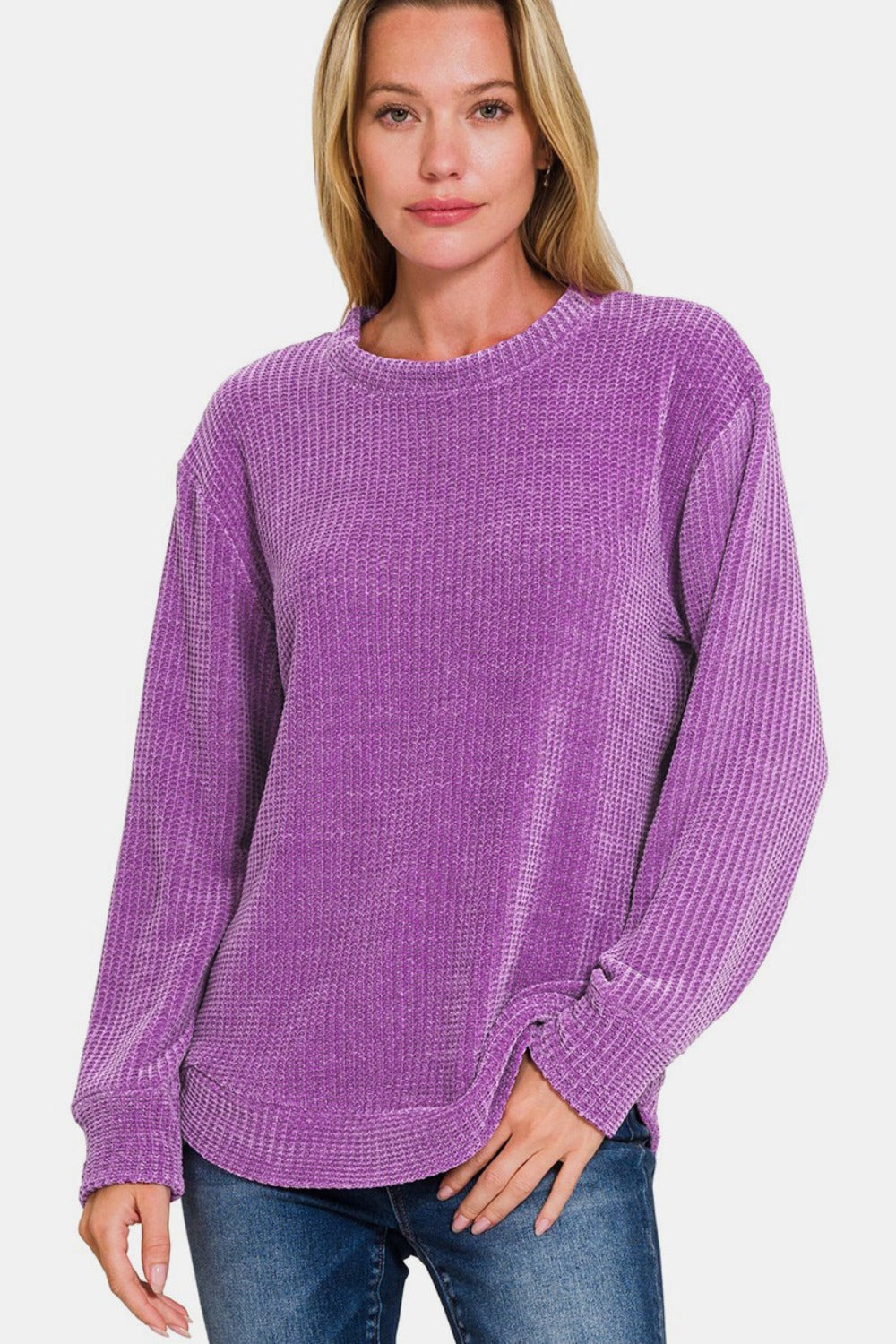 Zenana Chenille Waffle Round Neck Sweater Violet Shirt Apparel Clothing Tops Ship from USA Shirts USA Women Zenana Trendsi https://www.cyberehub.com
