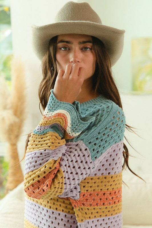 BiBi Wavy Hem Openwork Contrast Round Neck Sweater Tops/Jackets/Sweaters BiBi Clothing Tops Ship from USA TikTok Trendsi USPS Walmart Trendsi https://www.cyberehub.com