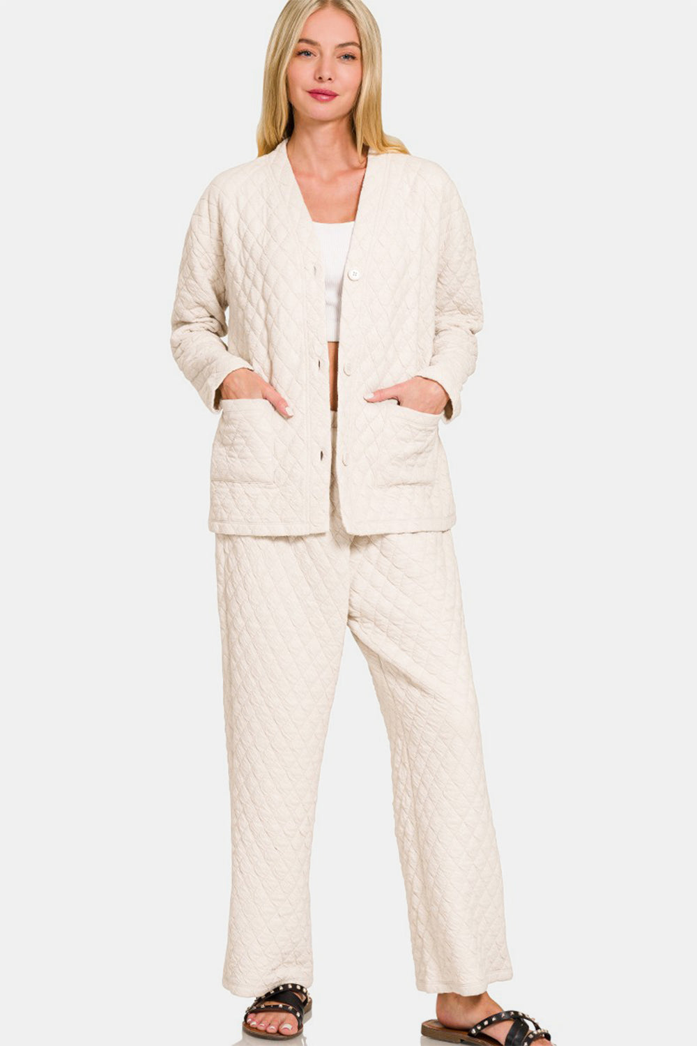 Zenana Quilted Button Up Long Sleeve Top and Pants Lounge Set Beige Apparel Apparel Ship from USA TikTok Trendsi Zenana Trendsi https://www.cyberehub.com