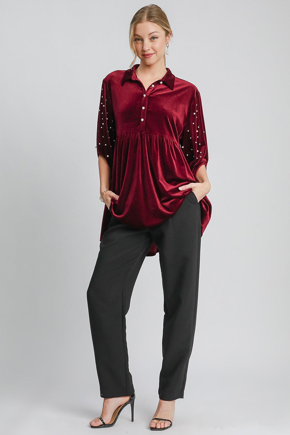 Umgee Pearl Detail Collared Neck Velvet Babydoll Blouse Apparel/Tops Ship from USA TikTok Tops Trendsi Umgee USA USPS Walmart Walmart Apparel Trendsi https://www.cyberehub.com