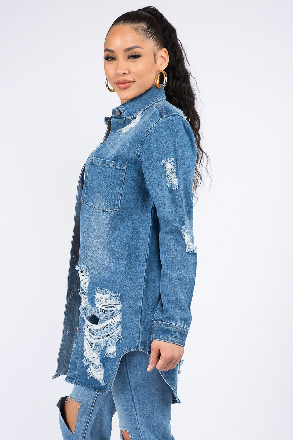 American Bazi Distressed Button Down Denim Shirt Jacket Shirt American Bazi Apparel Clothing Tops Ship from USA Shirts USA Women Trendsi https://www.cyberehub.com