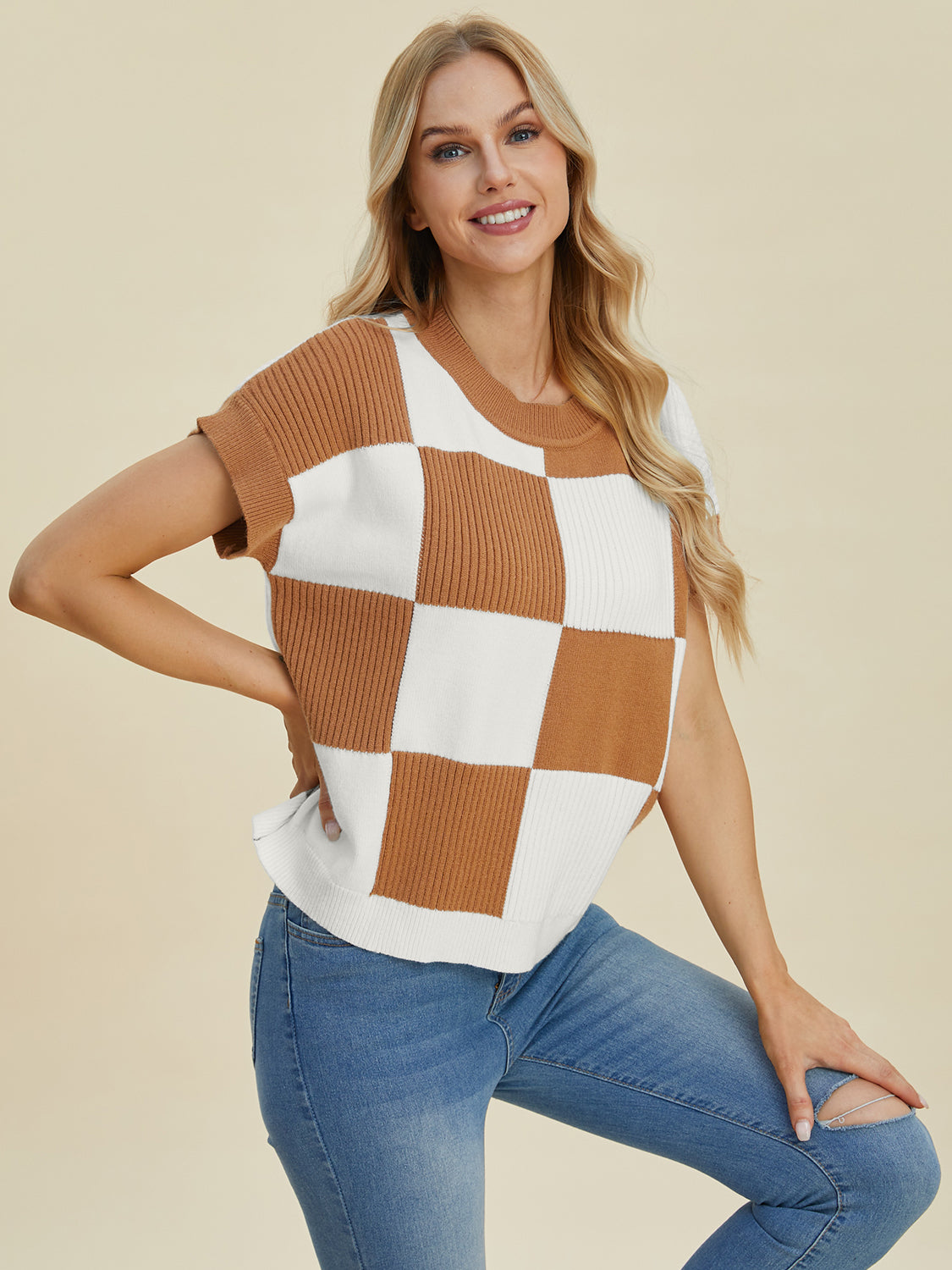 Double Take Full Size Checkered Round Neck Short Sleeve Sweater Camel Shirt Apparel Clothing Tops Double Take Ship from USA Shirts USA Women Trendsi https://www.cyberehub.com