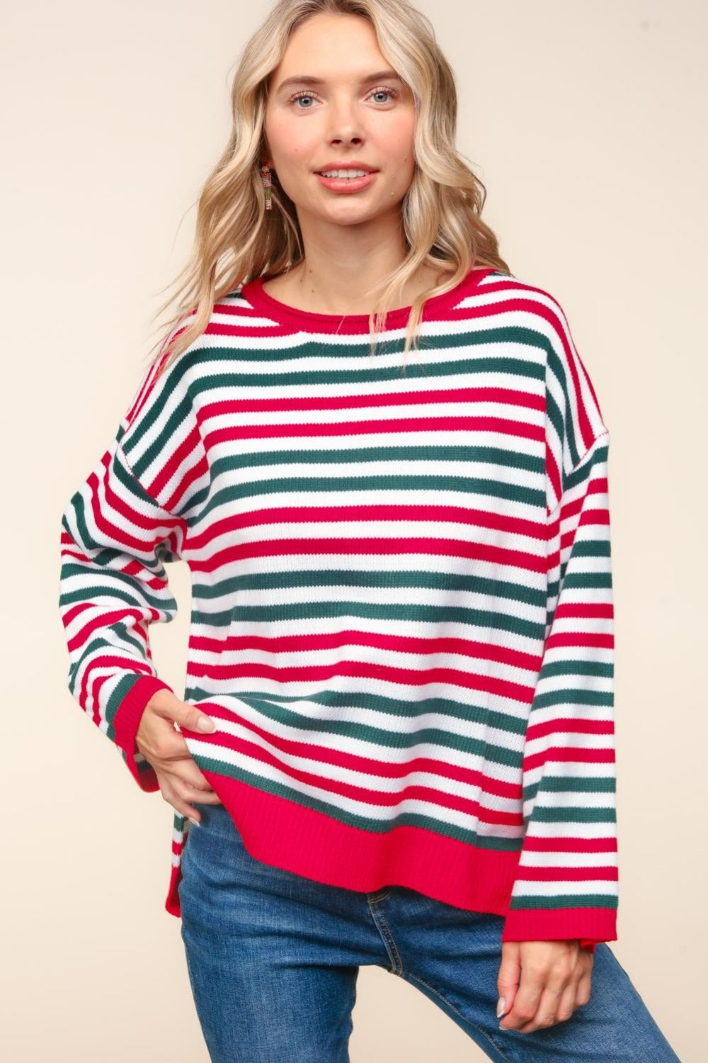 Haptics Full Size Striped Contrast Side Slit Knit Top Shirt Apparel Clothing Tops Haptics Ship from USA Shirts USA Women Trendsi https://www.cyberehub.com