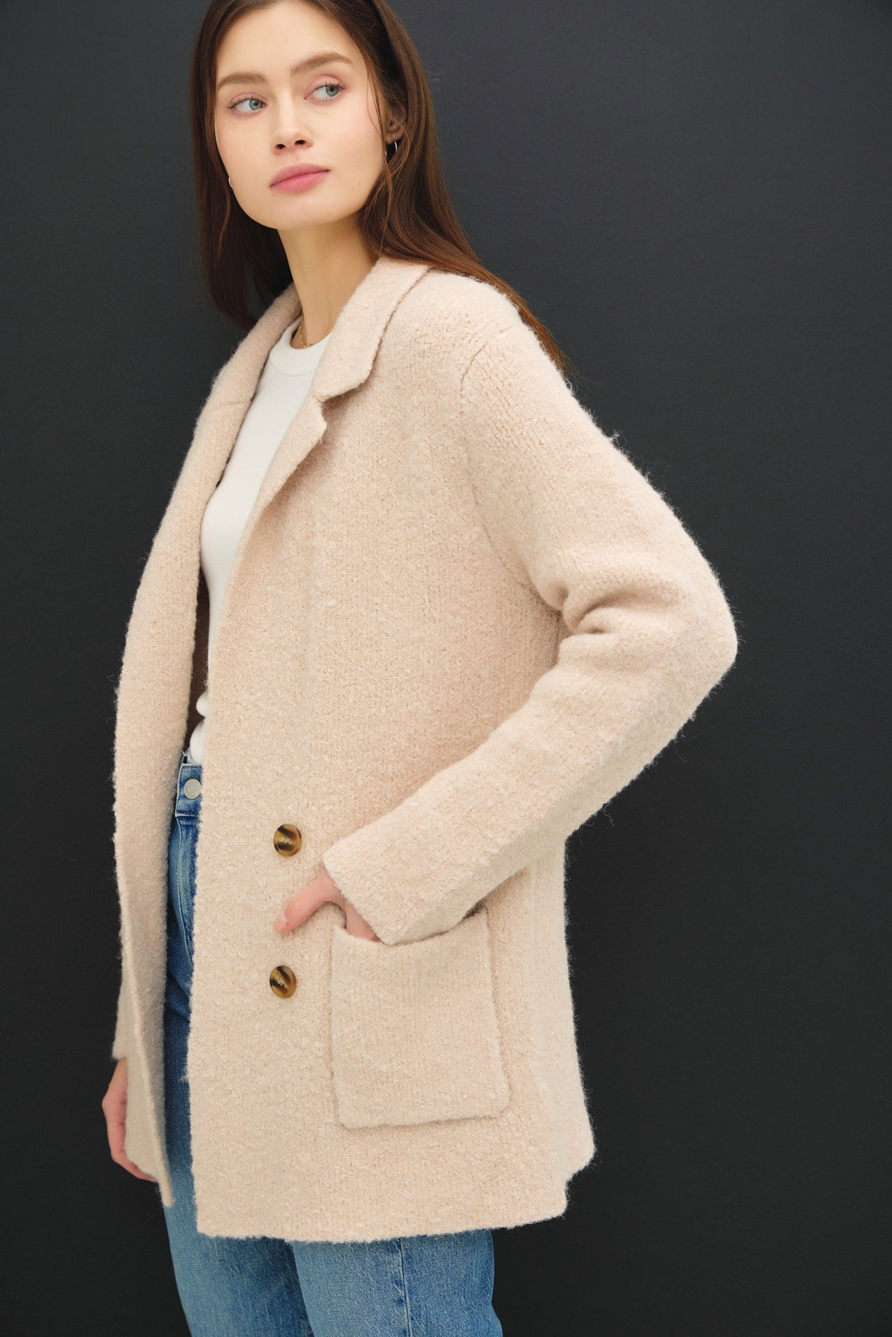 Be Cool Textured Double-Breasted Coat with Pockets Tops/Jackets/Sweaters BE COOL Clothing Tops Ship from USA TikTok Trendsi USPS Walmart Trendsi https://www.cyberehub.com