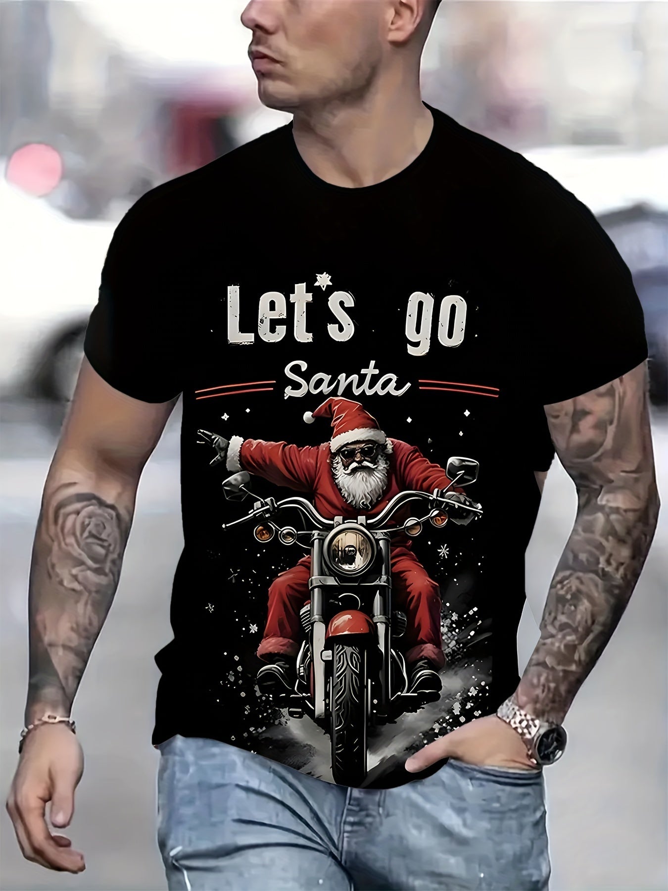Men's Casual 3D Christmas Motorcycle Printed T-shirt - Made Of Polyester Knitted Fabric, Round Neck, Fitted Style, Innovative Holiday Clothing Apparel/Shirt/Graphic Shirt SNULLO https://www.cyberehub.com