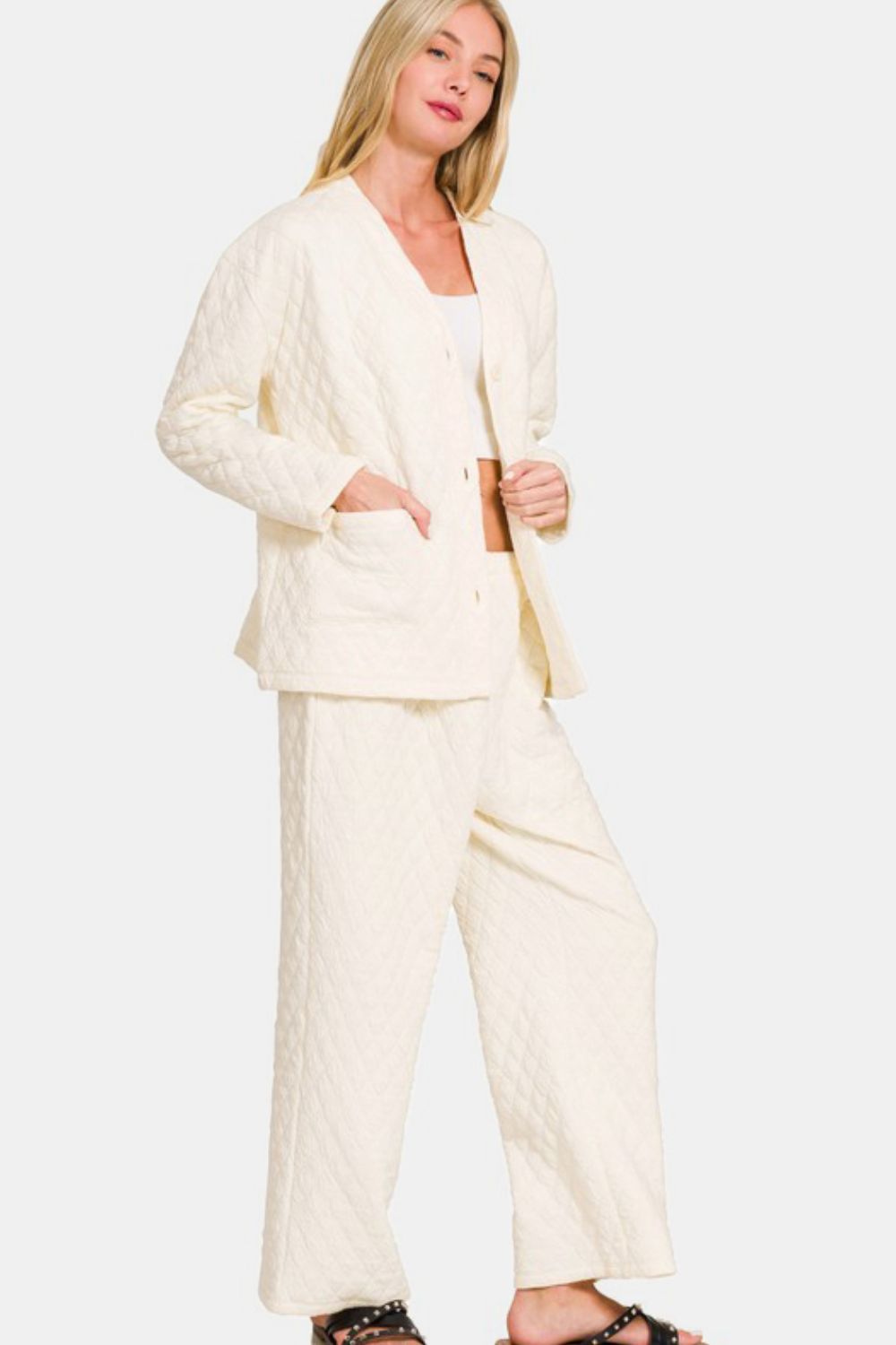 Zenana Quilted Button Up Long Sleeve Top and Pants Lounge Set Apparel Apparel Ship from USA TikTok Trendsi Zenana Trendsi https://www.cyberehub.com