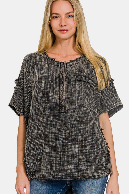 Zenana Washed Texture Half Button T-Shirt Apparel/Tops Memorial Day Sale Ship from USA TikTok Tops Trendsi USPS Walmart Walmart Apparel Zenana Trendsi https://www.cyberehub.com