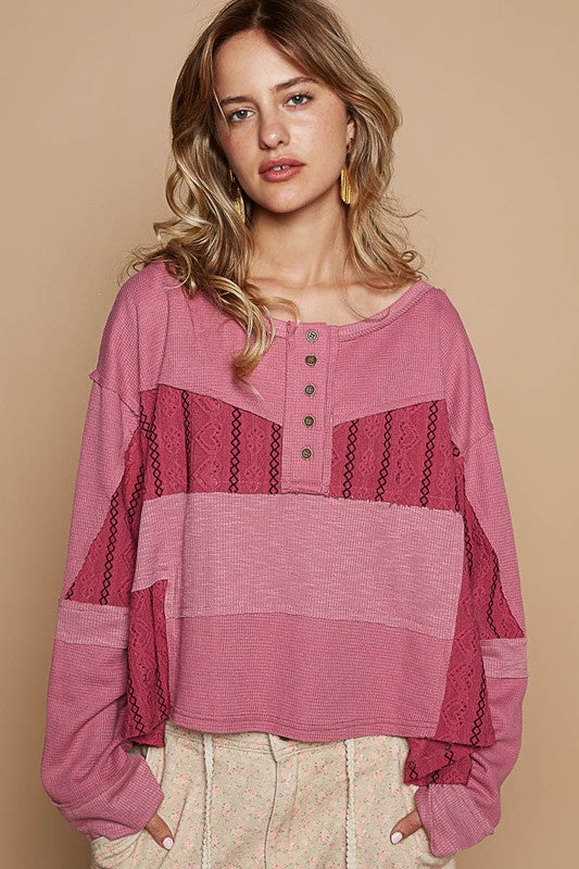 POL Half Button Color Block Drop Shoulder Knit Top Cerise Tops/Jackets/Sweaters Clothing Tops POL Ship from USA TikTok Trendsi USPS Walmart Trendsi https://www.cyberehub.com