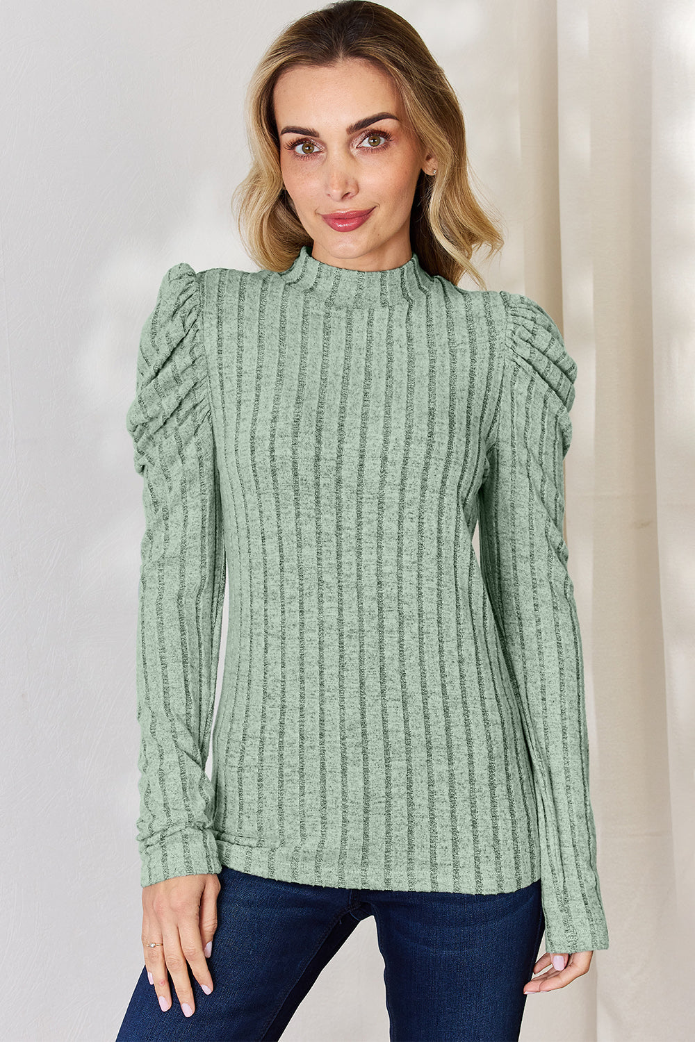 Basic Bae Full Size Ribbed Mock Neck Puff Sleeve T-Shirt Light Green Apparel/Tops Basic Bae Ship from USA TikTok Tops Trendsi USPS Walmart Walmart Apparel Trendsi https://www.cyberehub.com