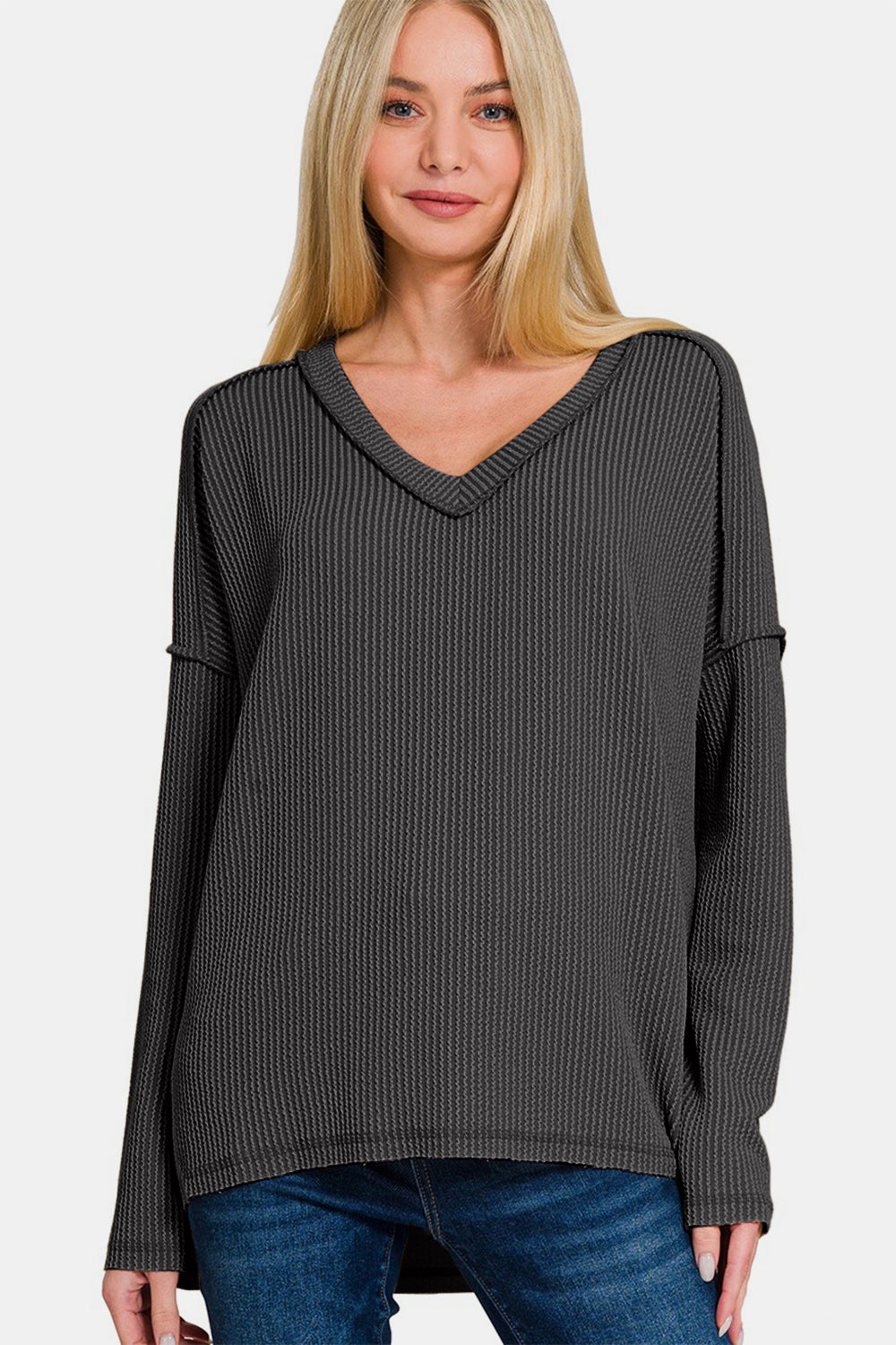 Zenana Texture Exposed Seam V-Neck Long Sleeve T-Shirt Apparel/Tops Ship from USA TikTok Tops Trendsi USPS Walmart Walmart Apparel Zenana Trendsi https://www.cyberehub.com