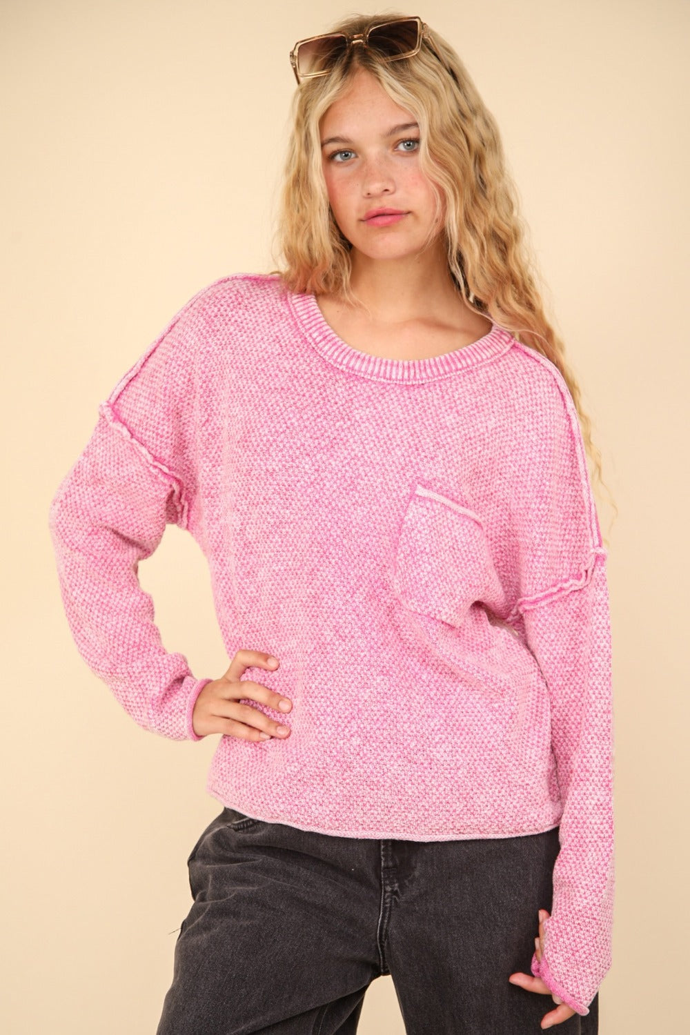VERY J Mineral Washed Exposed Seam Sweater Pink Shirt Apparel Clothing Tops price-change-job-active Ship from USA Shirts USA VERY J Women Trendsi https://www.cyberehub.com