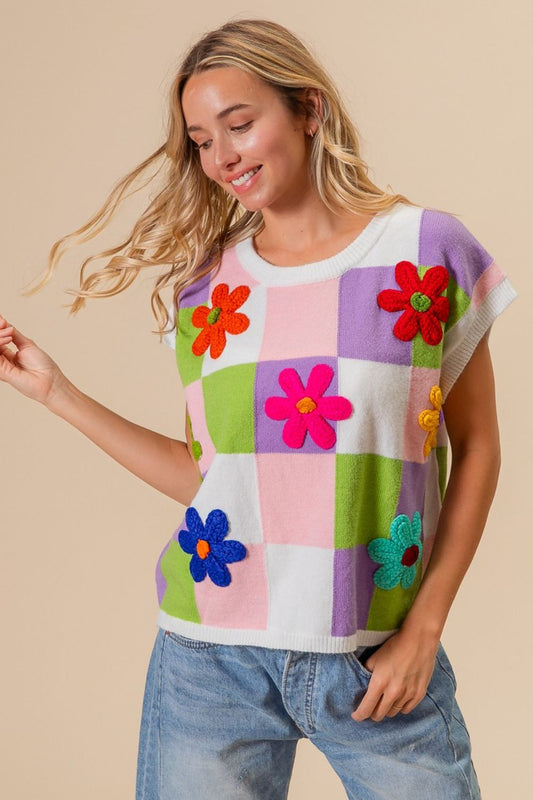 BiBi Flower Patch Checkered Sweater Vest Shirt Apparel BiBi Clothing Tops Ship from USA Shirts USA Women Trendsi https://www.cyberehub.com