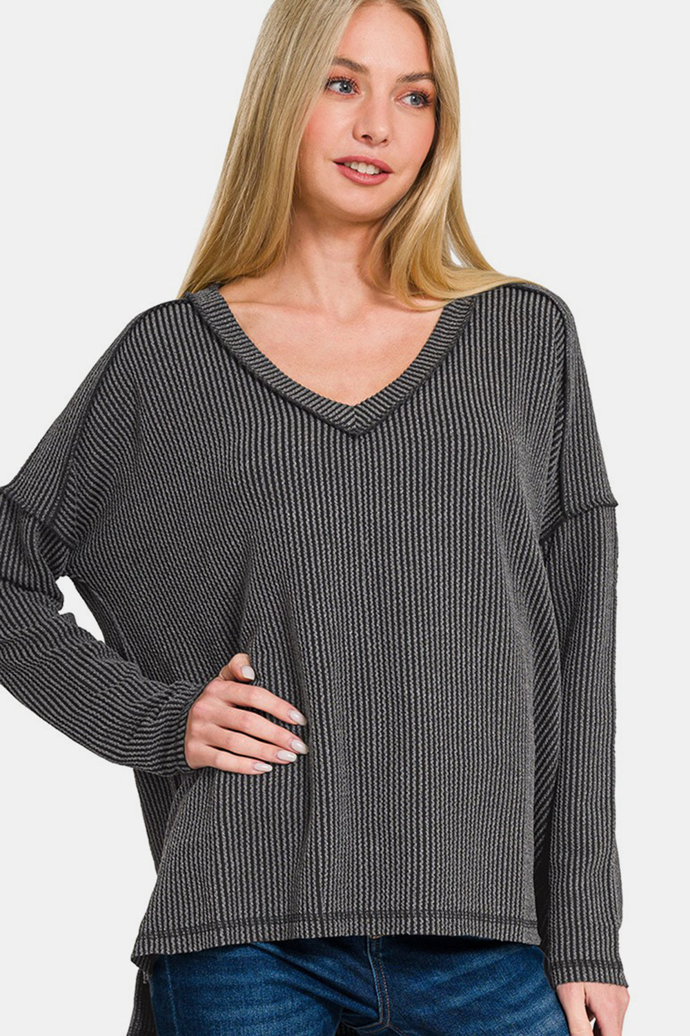 Zenana Texture Exposed Seam V-Neck Long Sleeve T-Shirt Charcoal Apparel/Tops Ship from USA TikTok Tops Trendsi USPS Walmart Walmart Apparel Zenana Trendsi https://www.cyberehub.com