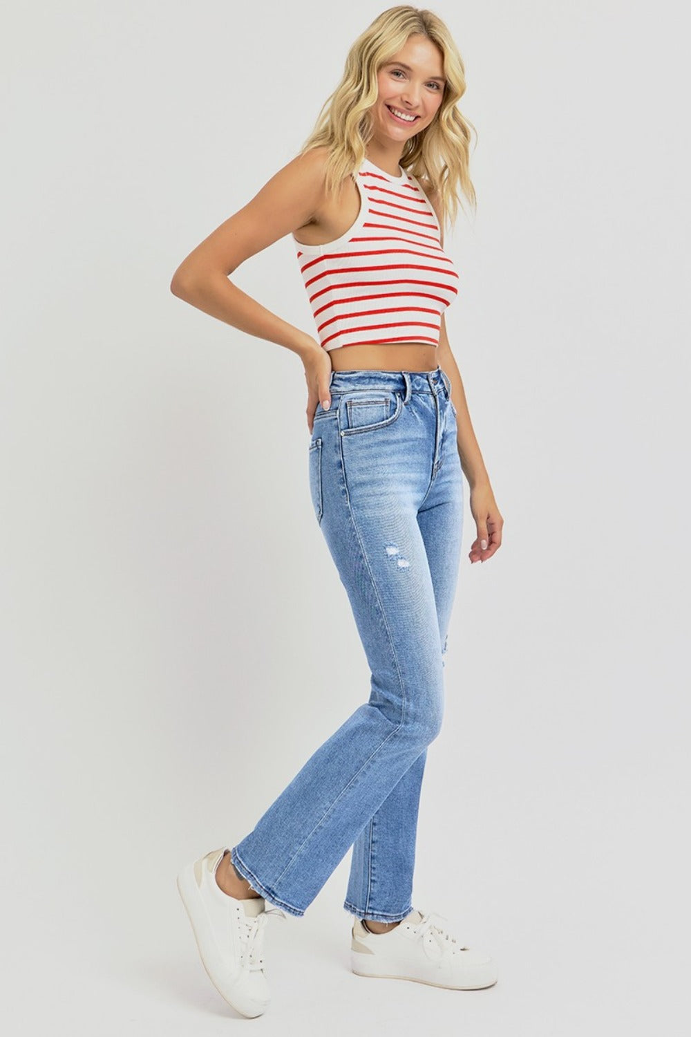 RISEN Full Size Distressed High-Rise Ankle Straight Jeans Bottoms Bottoms Clothing RISEN Ship from USA Women Trendsi https://www.cyberehub.com