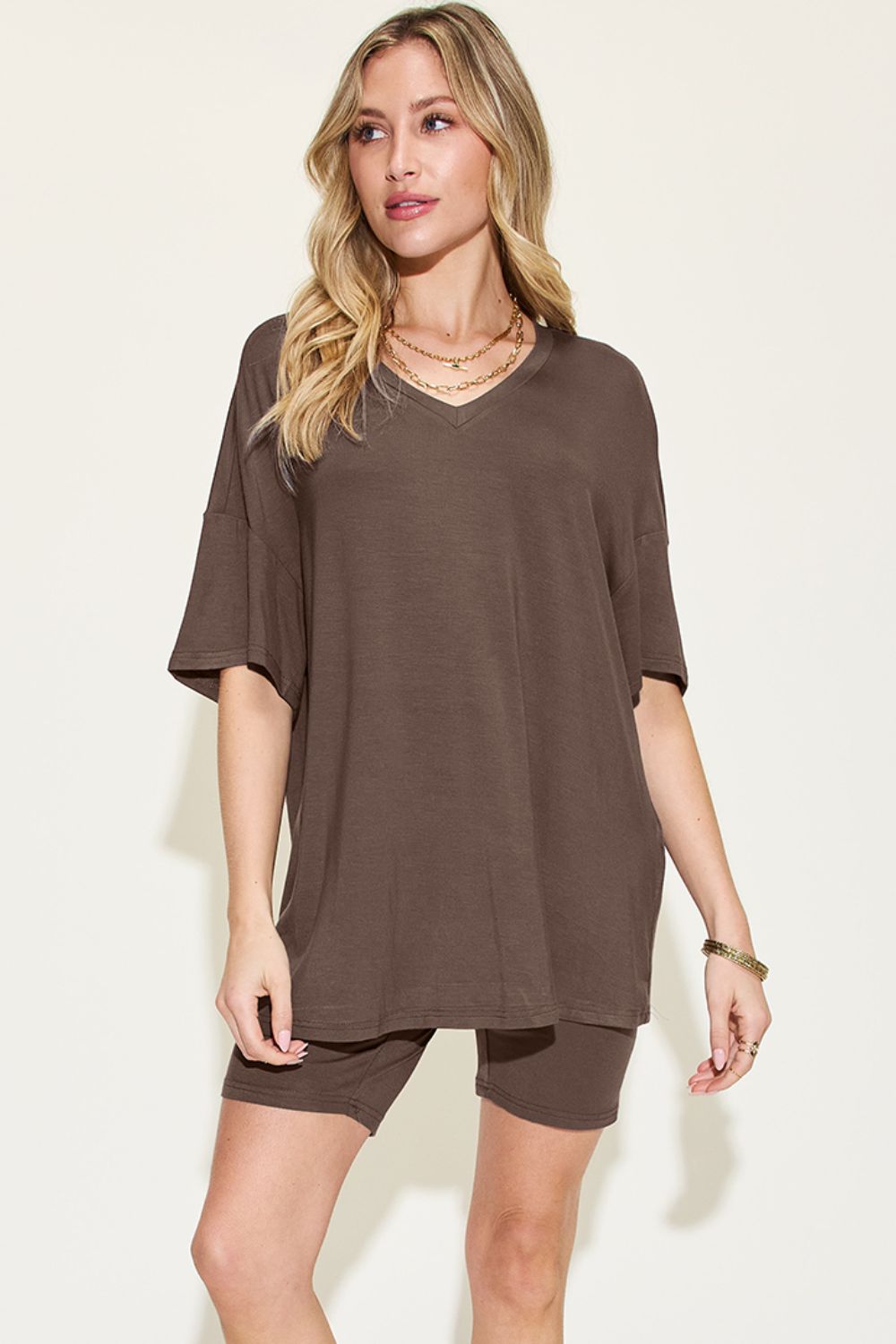 Basic Bae Full Size V-Neck Drop Shoulder T-Shirt and Shorts Set Chocolate Apparel/Tops Basic Bae Ship from USA TikTok Tops Trendsi USPS Walmart Walmart Apparel Trendsi https://www.cyberehub.com