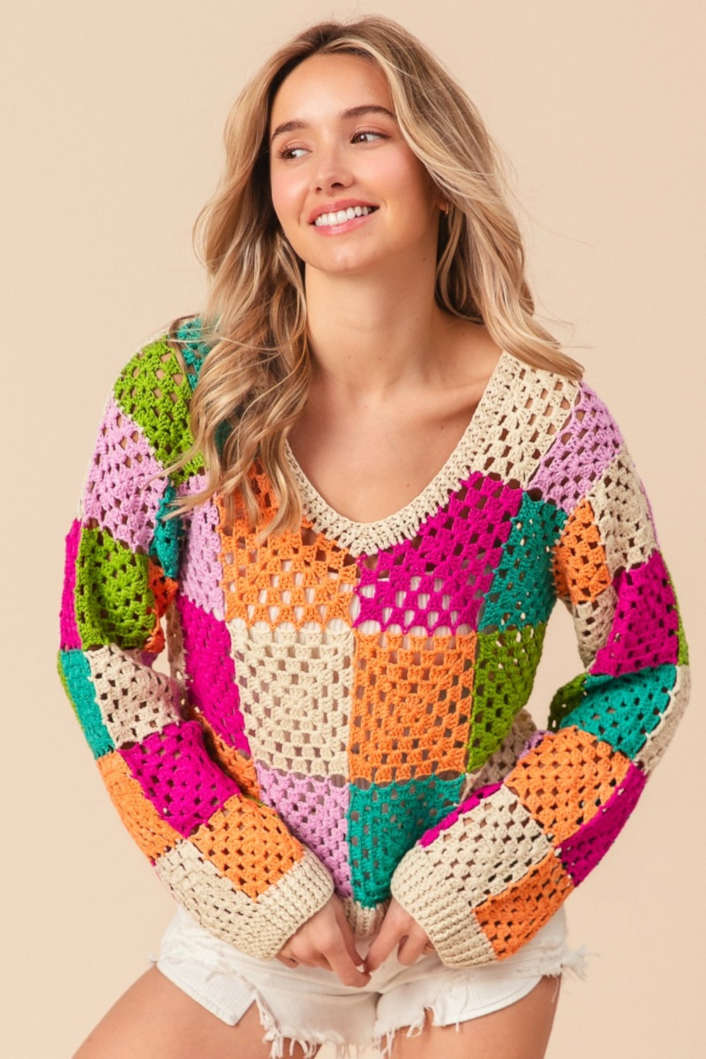 BiBi Multi Color Checkered Long Sleeve Knit Top Shirt Apparel BiBi Clothing Tops Ship from USA Shirts USA Women Trendsi https://www.cyberehub.com
