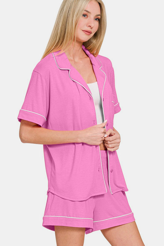 Zenana Button Down Short Sleeve Top and Shorts Lounge Set Apparel Apparel Ship from USA TikTok Trendsi Zenana Trendsi https://www.cyberehub.com