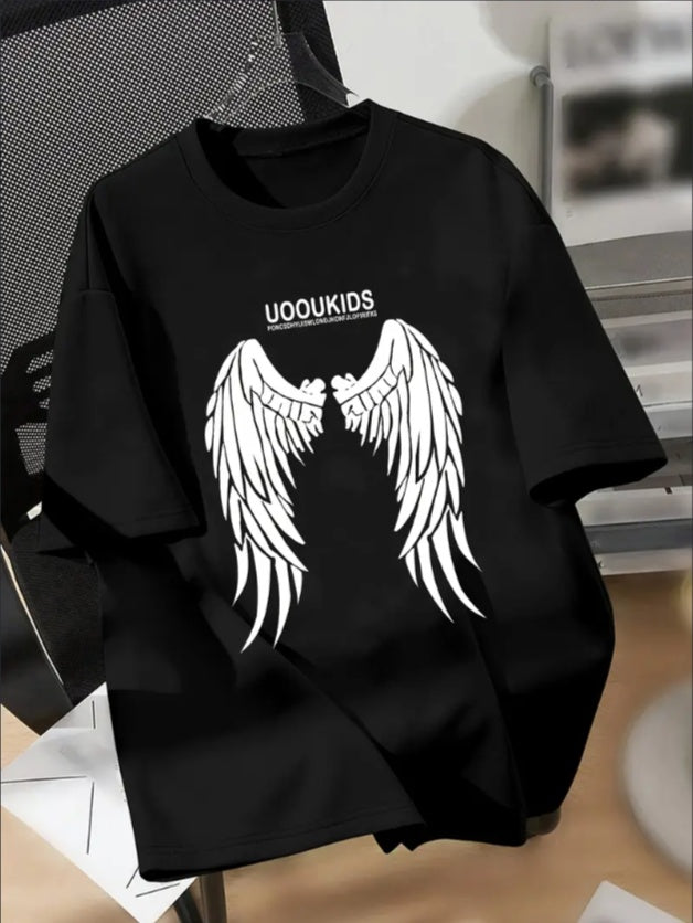 KUQIQIBOY Teen Boys' Casual Short Sleeve T-shirt, Creative Wings Graphic Print Crew Neck Tees, Cool Comfortable Lightweight Tops For Spring And Summer Black Apparel/Shirt/Graphic Shirt SNULLO https://www.cyberehub.com