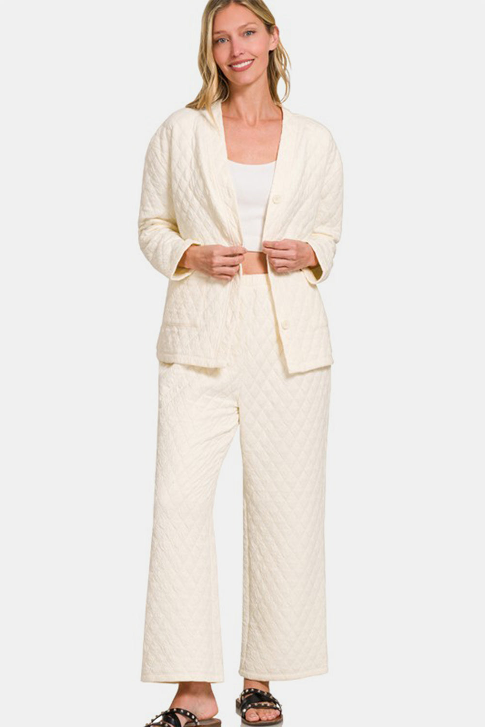Zenana Quilted Button Up Long Sleeve Top and Pants Lounge Set Apparel Apparel Ship from USA TikTok Trendsi Zenana Trendsi https://www.cyberehub.com