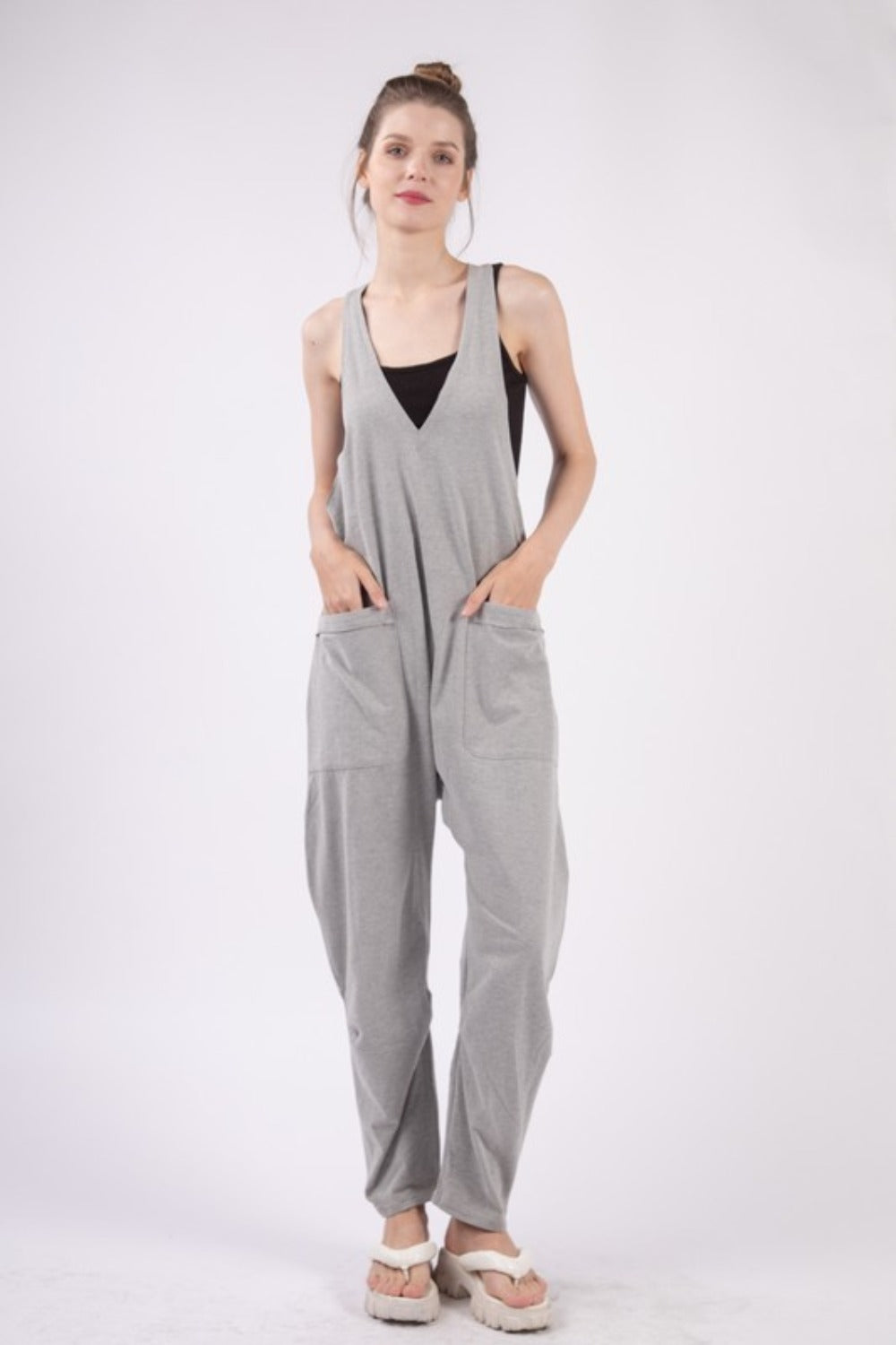 VERY J Plunge Sleeveless Jumpsuit with Pockets Grey Tops/Jackets/Sweaters Clothing Tops Ship from USA TikTok Trendsi USPS VERY J Walmart Trendsi https://www.cyberehub.com