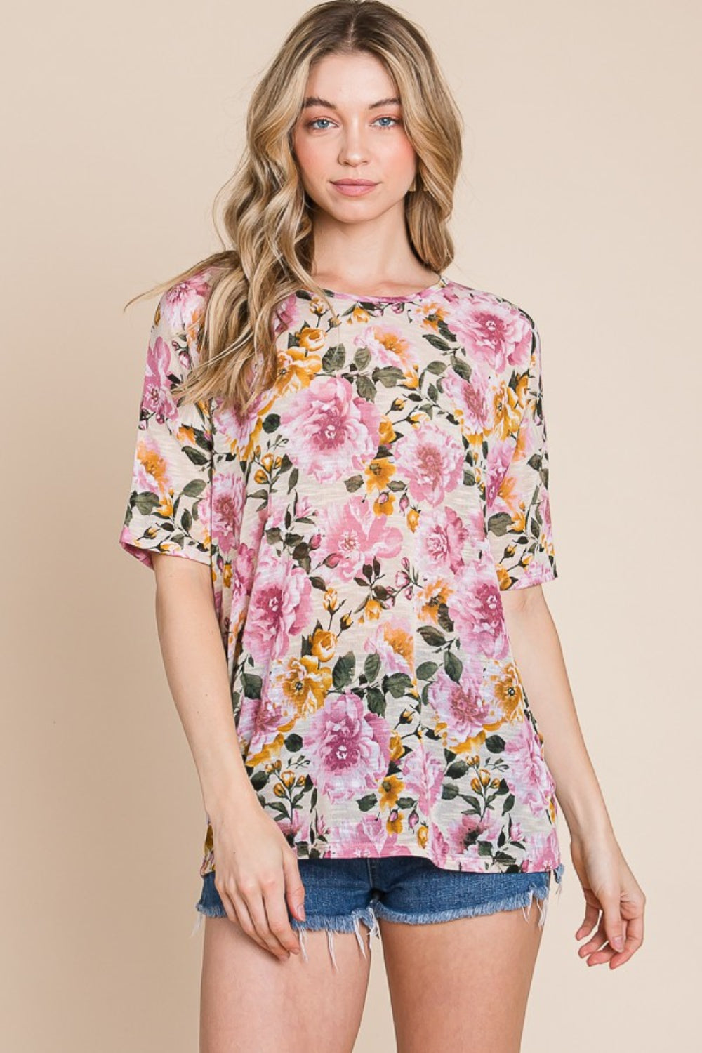 BOMBOM Floral Round Neck T-Shirt Sand Apparel/Tops BOMBOM Ship from USA TikTok Tops Trendsi USPS Walmart Walmart Apparel Trendsi https://www.cyberehub.com