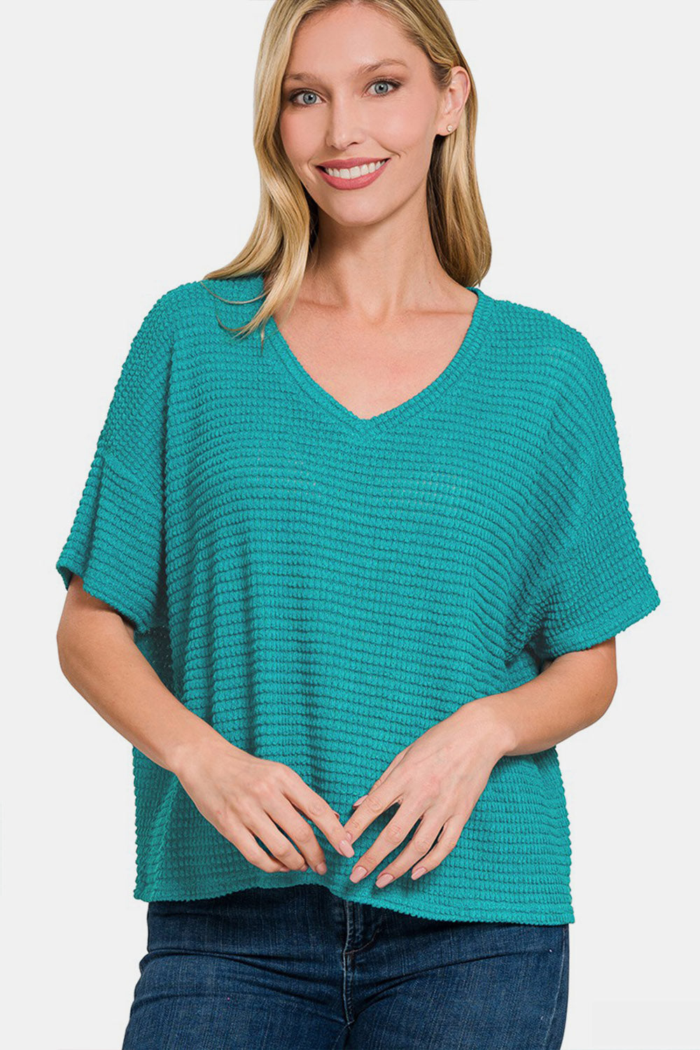 Zenana Drop Shoulder Short Sleeve Jacquard Knit Top Lt Teal Shirt Apparel Clothing Tops Ship from USA Shirts USA Women Zenana Trendsi https://www.cyberehub.com