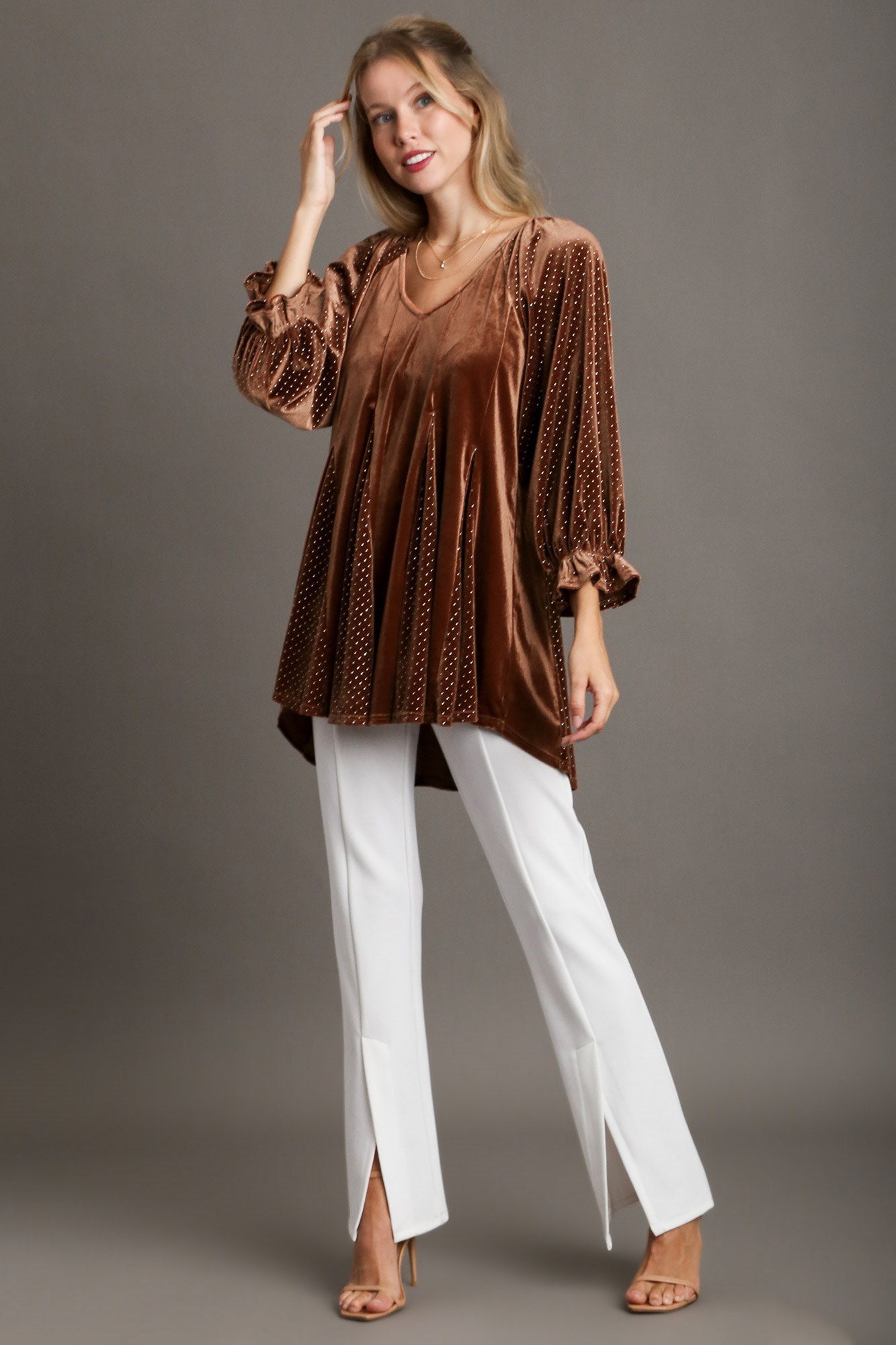 Umgee Godet Hem Polka Dot V-Neck Blouse Apparel Apparel Ship from USA TikTok Trendsi Umgee USA Trendsi https://www.cyberehub.com