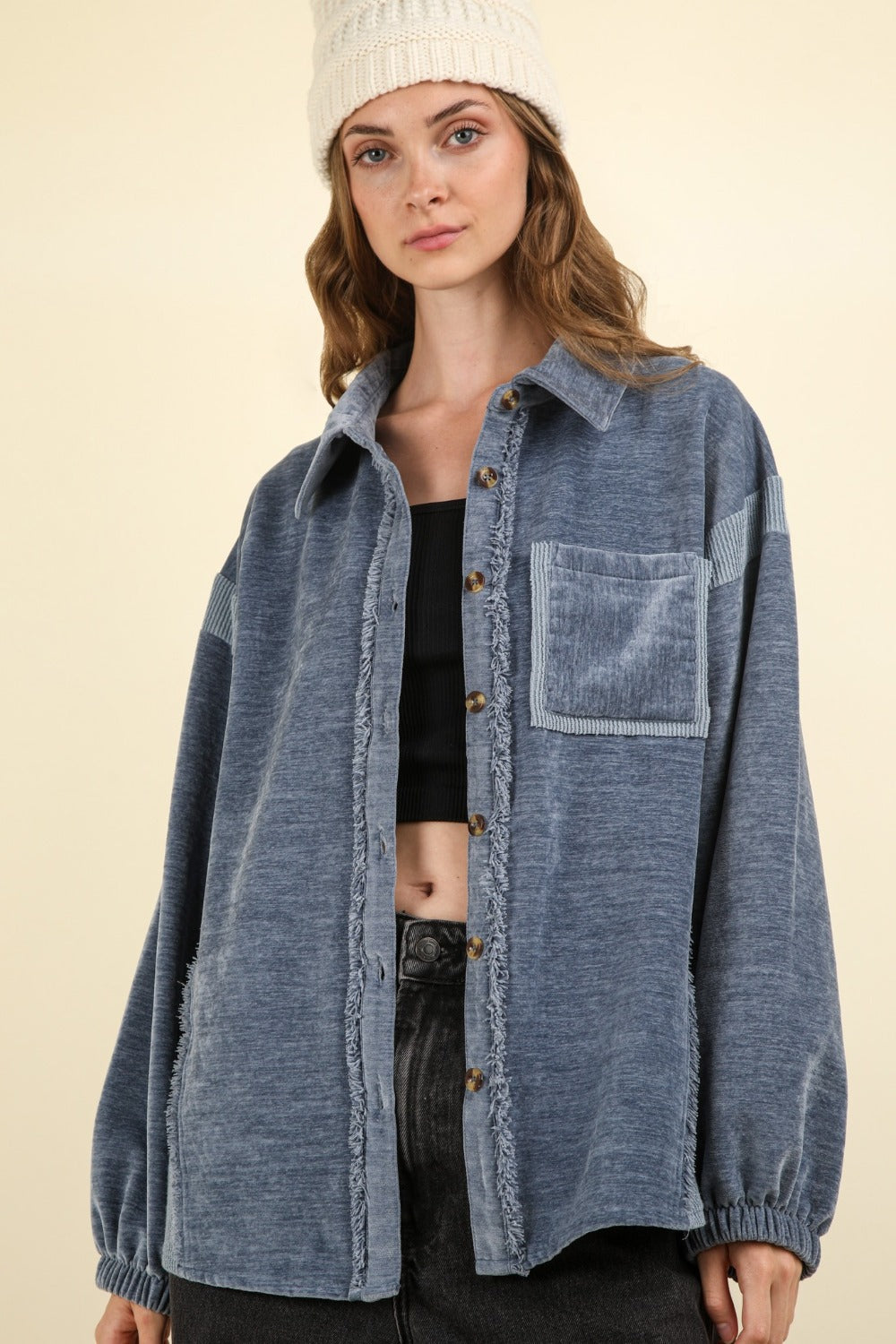 VERY J Mixed Media Button Down Raw Hem Shacket Shirt Apparel Clothing Tops price-change-job-active Ship from USA Shirts USA VERY J Women Trendsi https://www.cyberehub.com