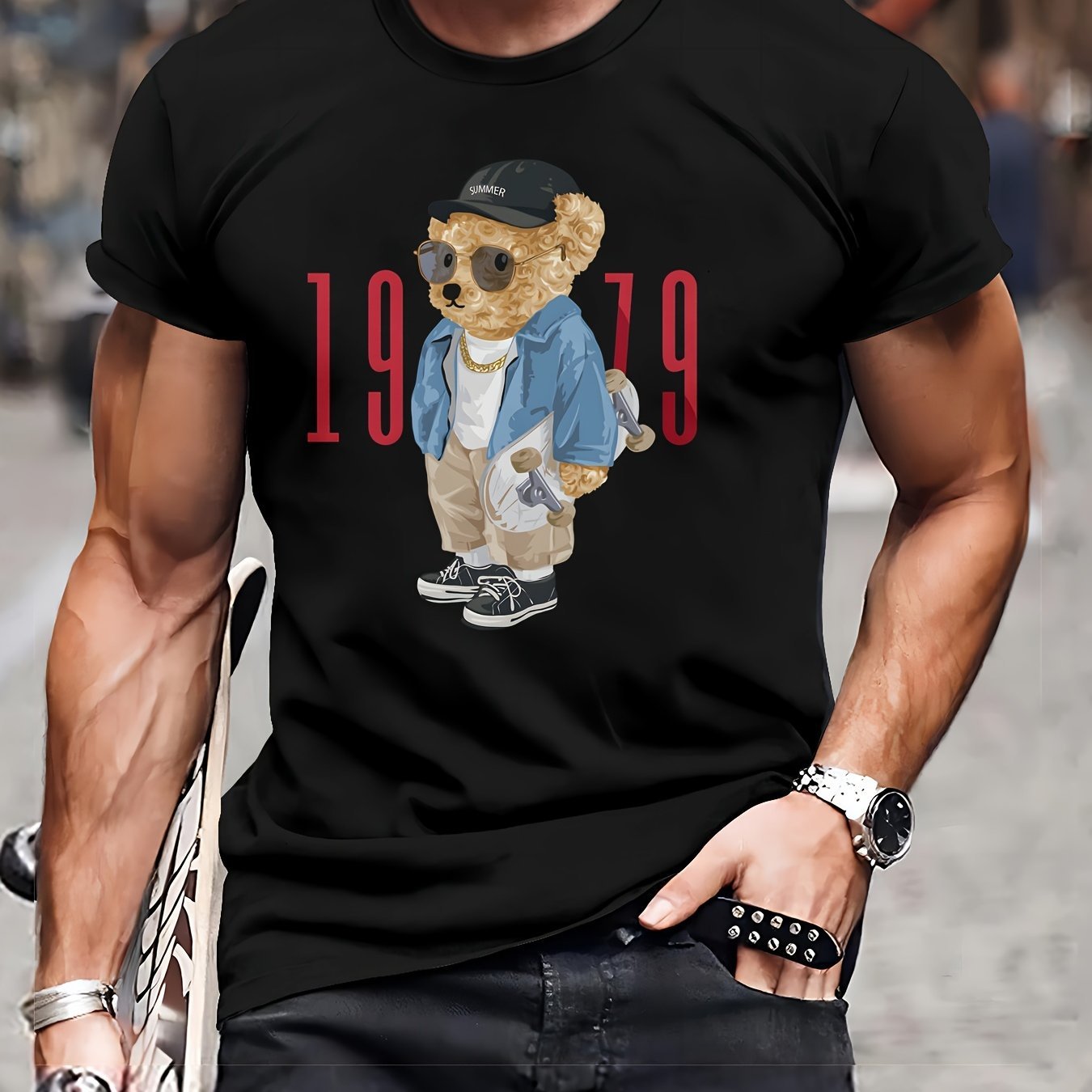 Men's Casual Round Neck T-shirt -1979 Vintage Teddy Bear Print Black Apparel/Shirt/Graphic Shirt SNULLO https://www.cyberehub.com