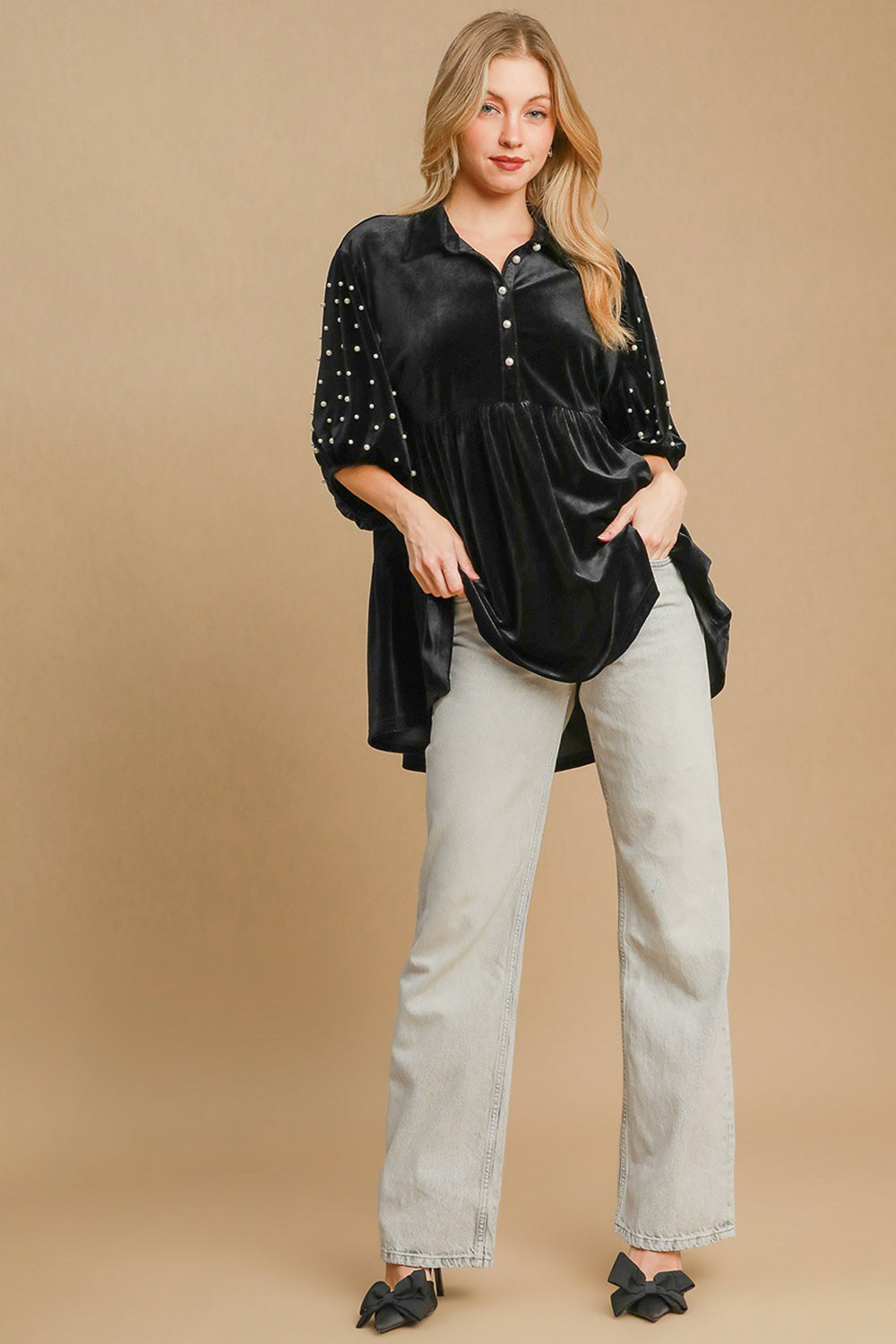 Umgee Pearl Detail Half Sleeve Velvet Babydoll Blouse Apparel/Tops Ship from USA TikTok Tops Trendsi Umgee USA USPS Walmart Walmart Apparel Trendsi https://www.cyberehub.com