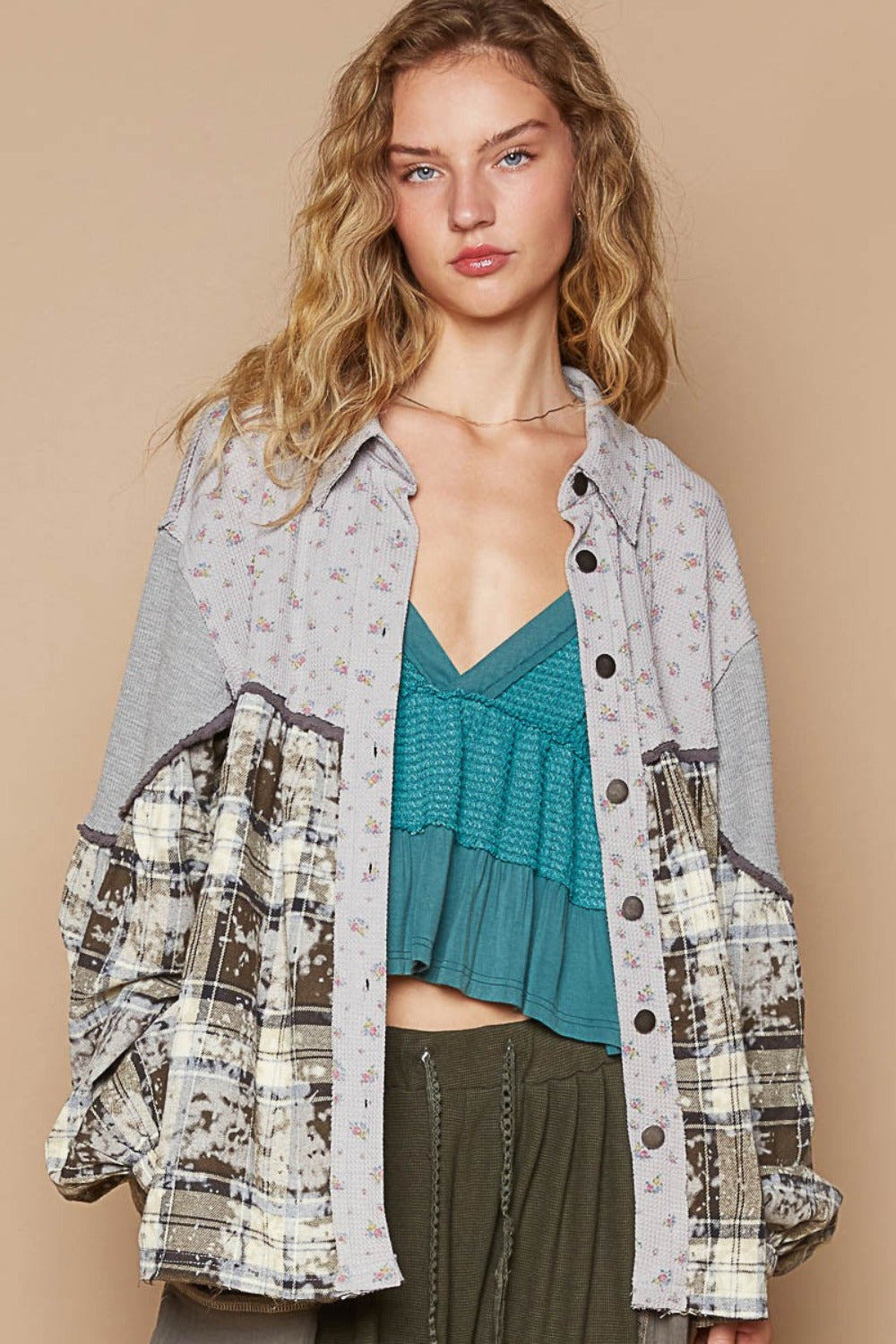 POL Balloon Sleeve Floral Color Block Plaid Shirt Tops/Jackets/Sweaters Clothing Tops POL Ship from USA TikTok Trendsi USPS Walmart Trendsi https://www.cyberehub.com