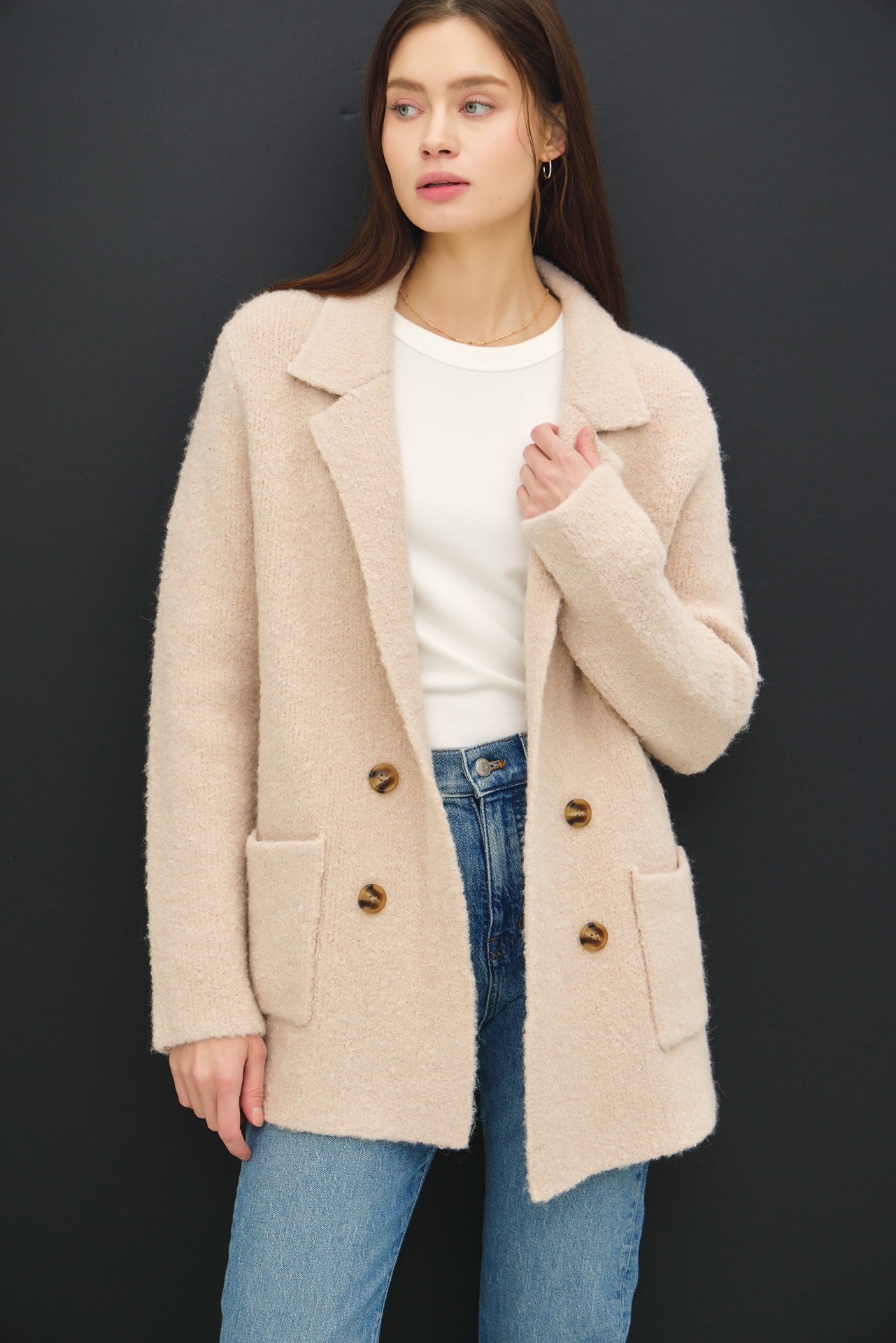 Be Cool Textured Double-Breasted Coat with Pockets Blush Beige Tops/Jackets/Sweaters BE COOL Clothing Tops Ship from USA TikTok Trendsi USPS Walmart Trendsi https://www.cyberehub.com